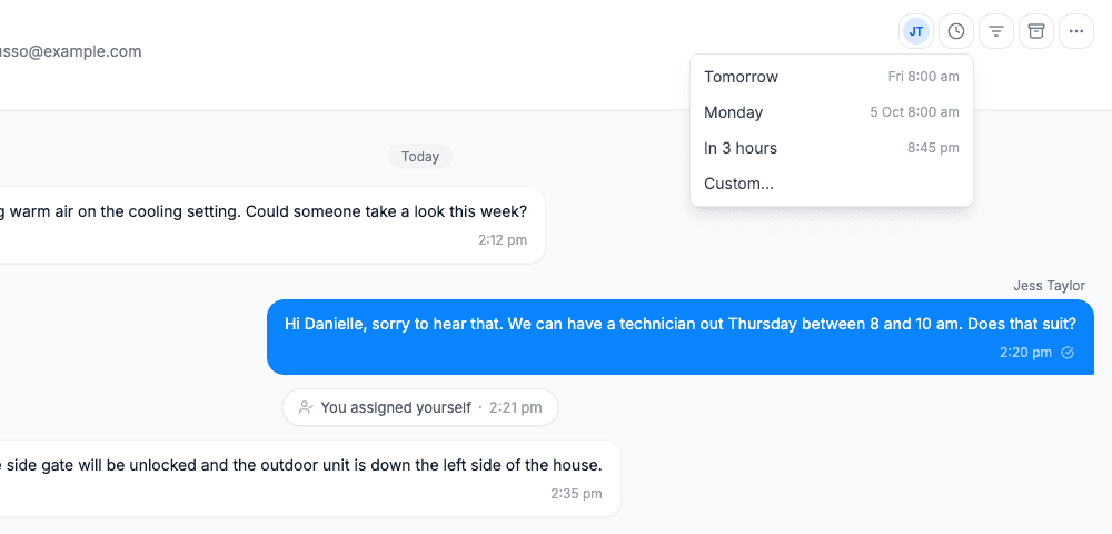 The Snooze menu open on a conversation, showing Tomorrow, Monday, In 3 hours and Custom