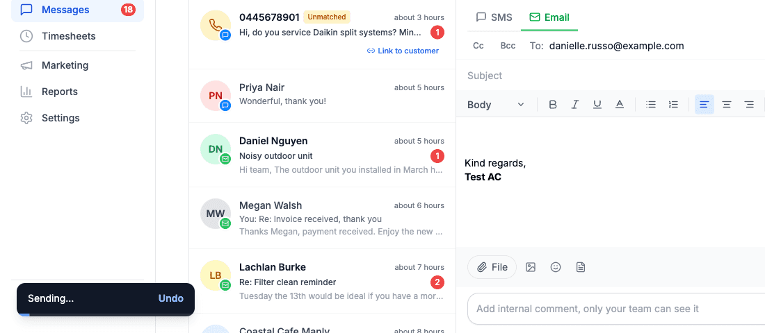 The dark Sending pill with its Undo button at the bottom left of Messages