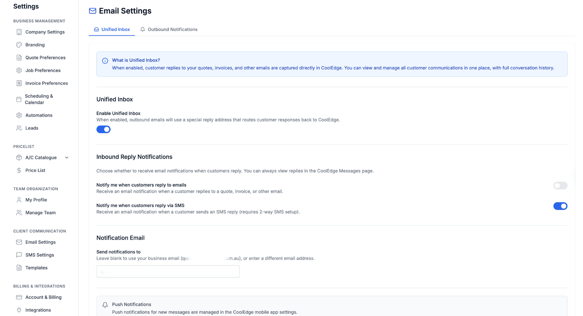 Unified inbox settings