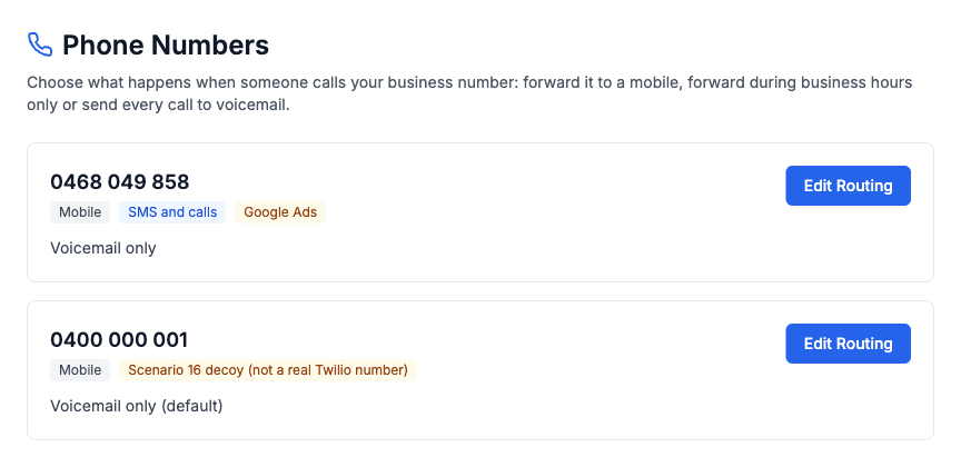Phone Numbers page showing a business number card with its routing summary