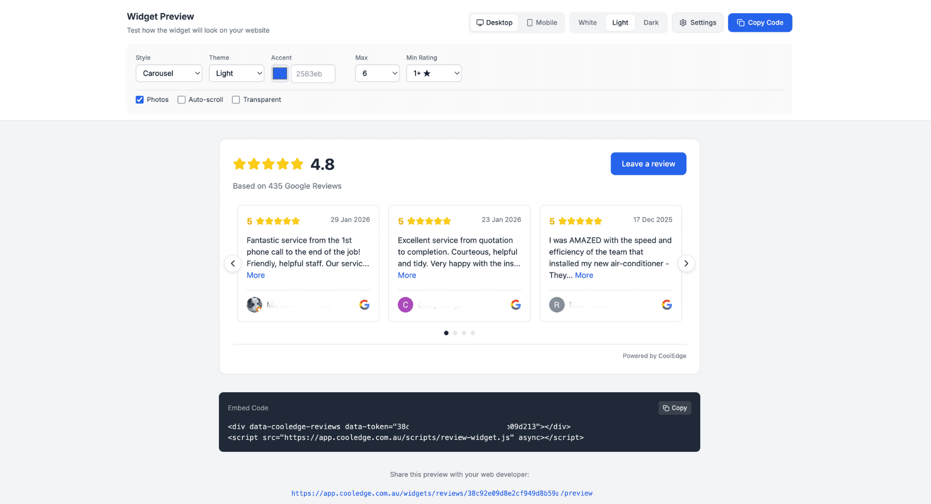 Widget customisation interface