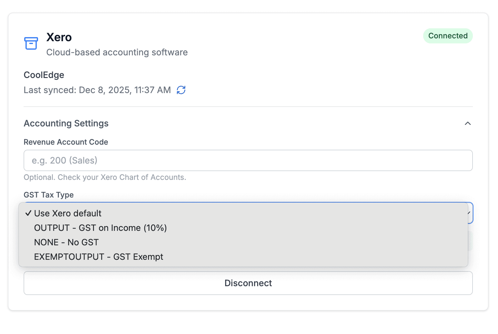 The Xero card in Settings, Integrations showing a connected organisation with the Revenue Account Code field and the GST Tax Type dropdown