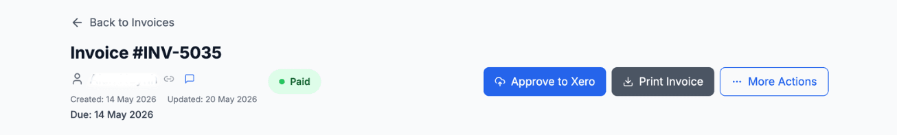 A paid invoice in Cooledge with the Approve to Xero button at the top right of the invoice header