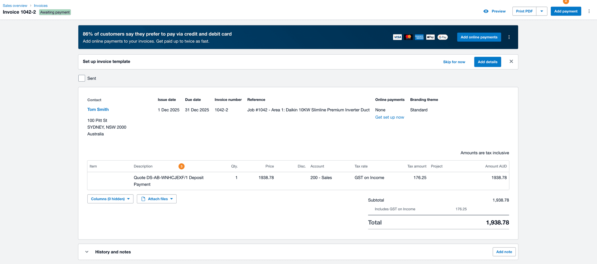 The pushed invoice as it appears in Xero with the customer, line items, account code and GST amounts all filled in
