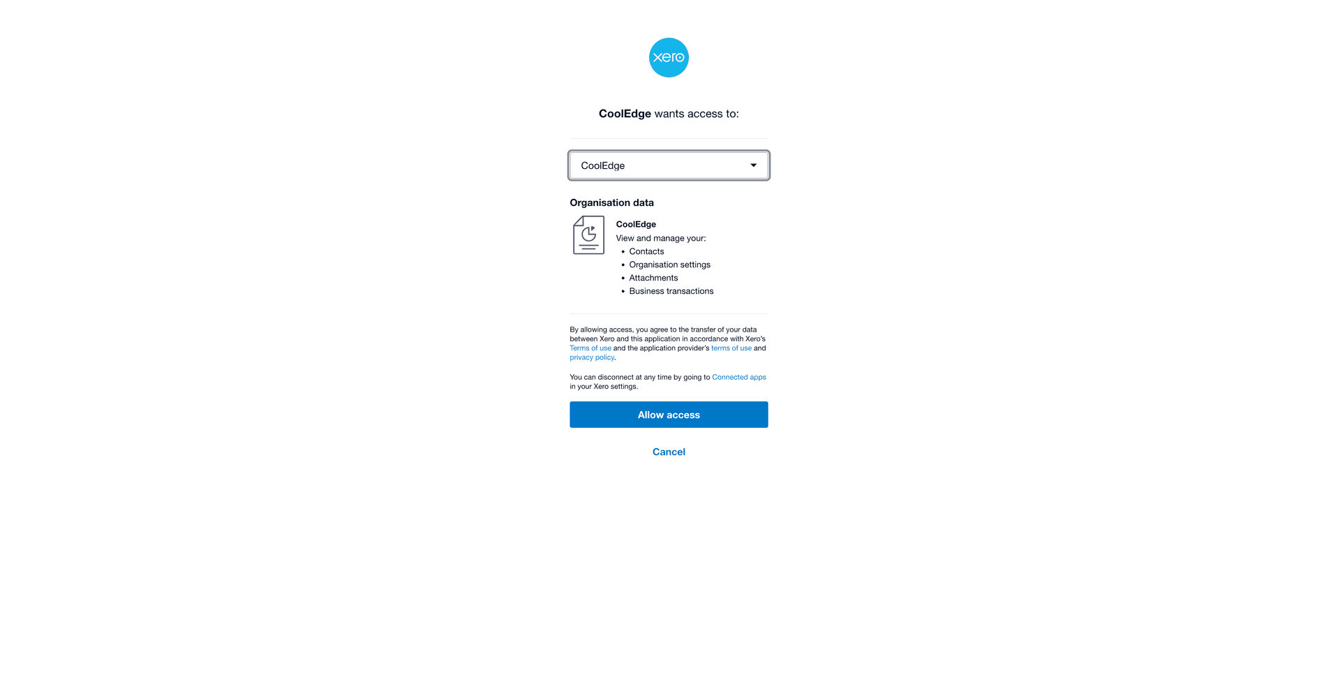 The Xero authorisation screen where you choose your organisation and click Allow access to connect Cooledge