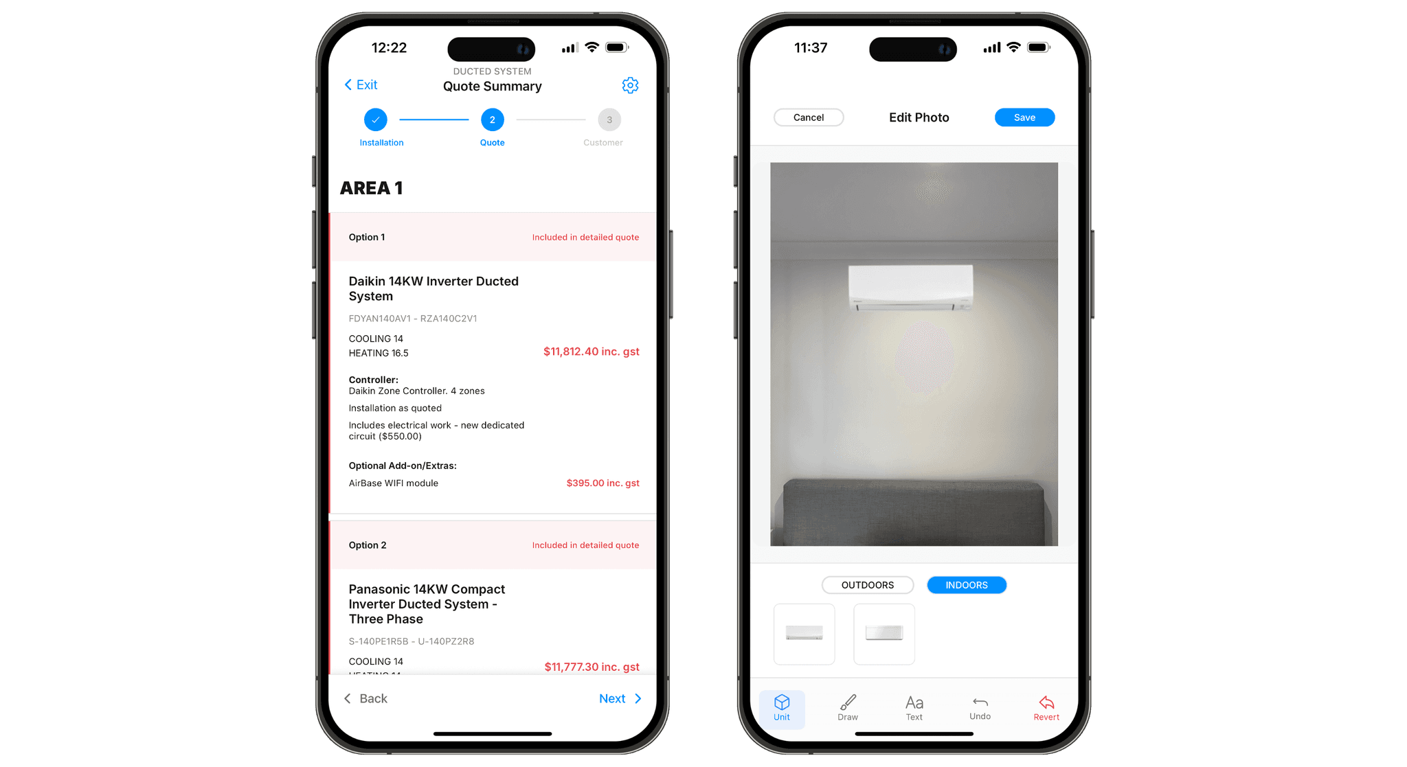 Mobile app showing A/C quote with take-off list and area selection