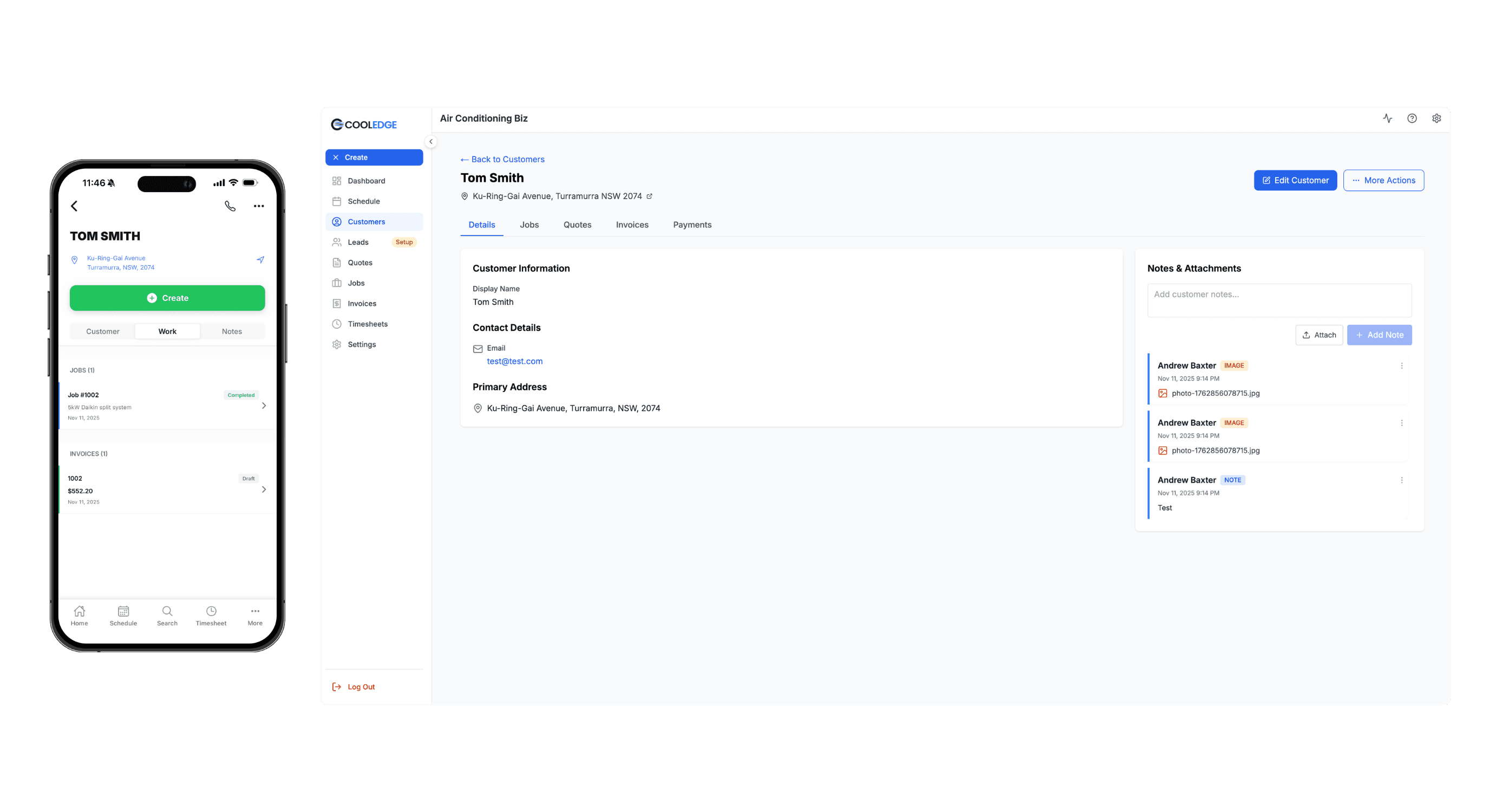 Portal customer detail page with timeline, sites, and contacts