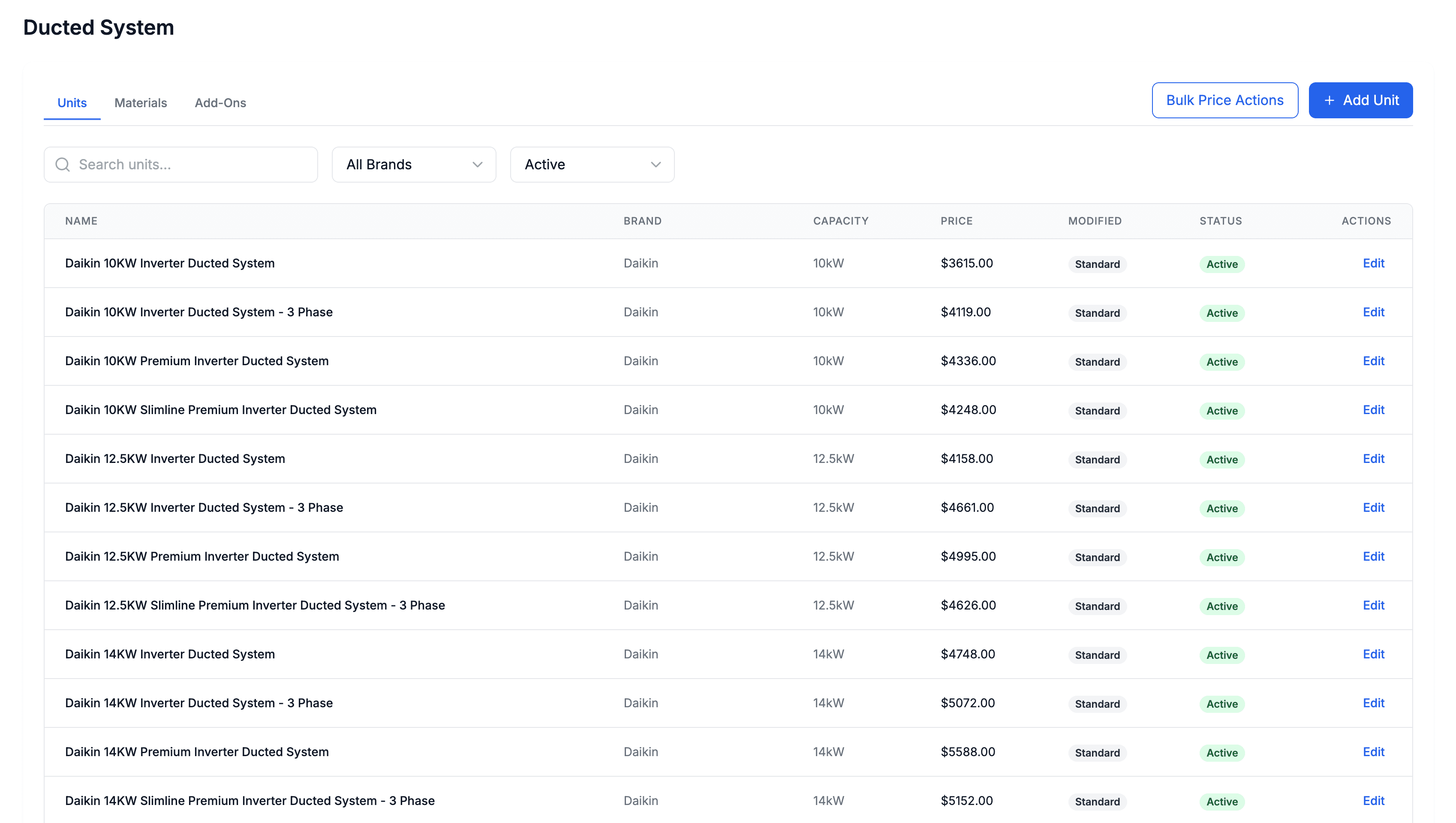 Portal catalogue showing ducted system units, materials, and add-ons