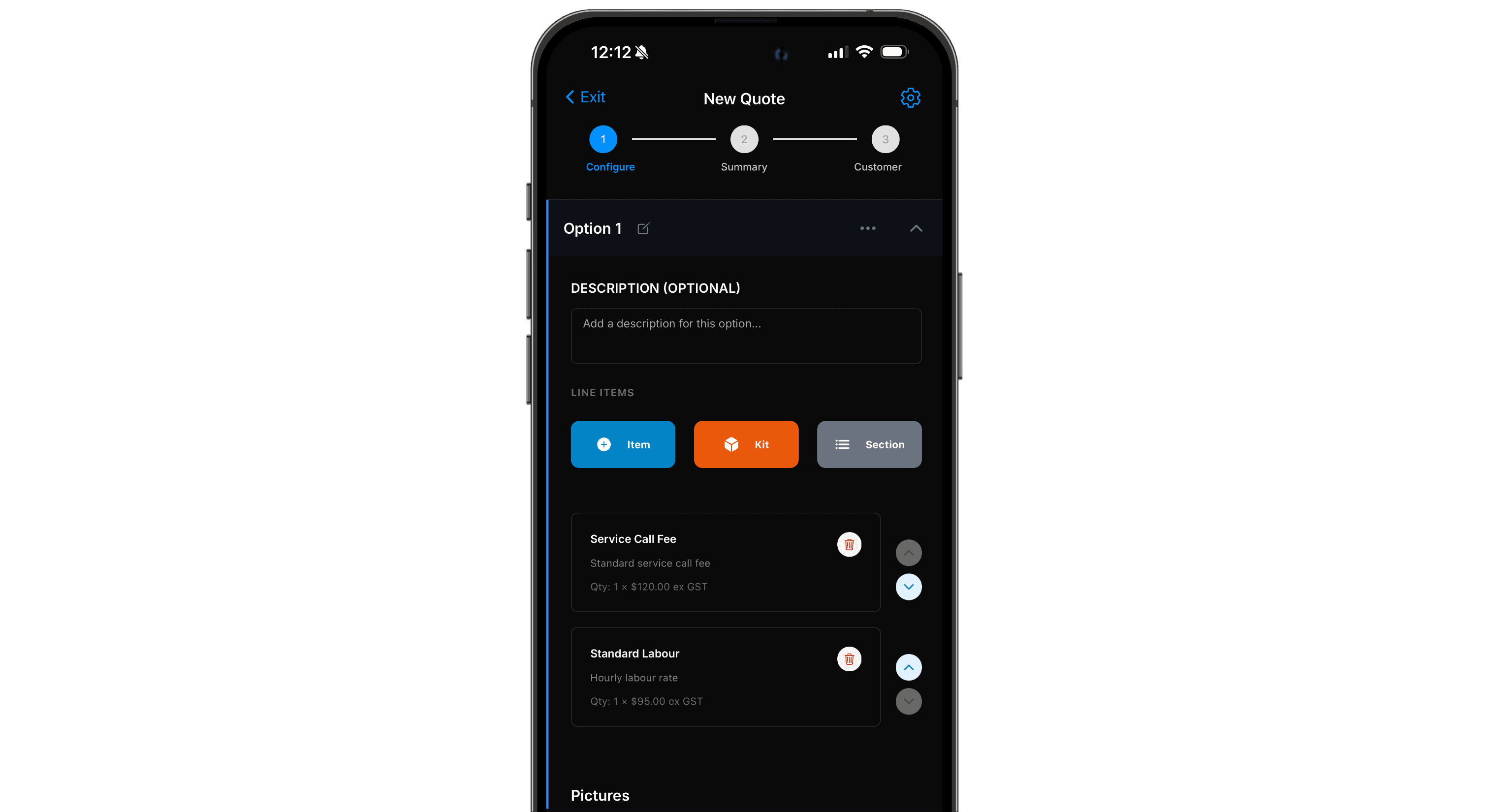 Mobile app showing quote with kits, line items, and multiple options A/B/C