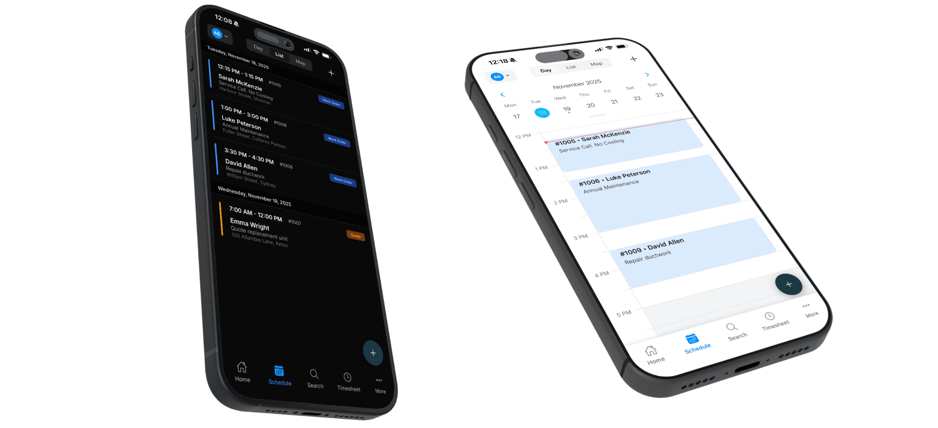 Mobile app schedule view showing today's bookings with start/finish buttons