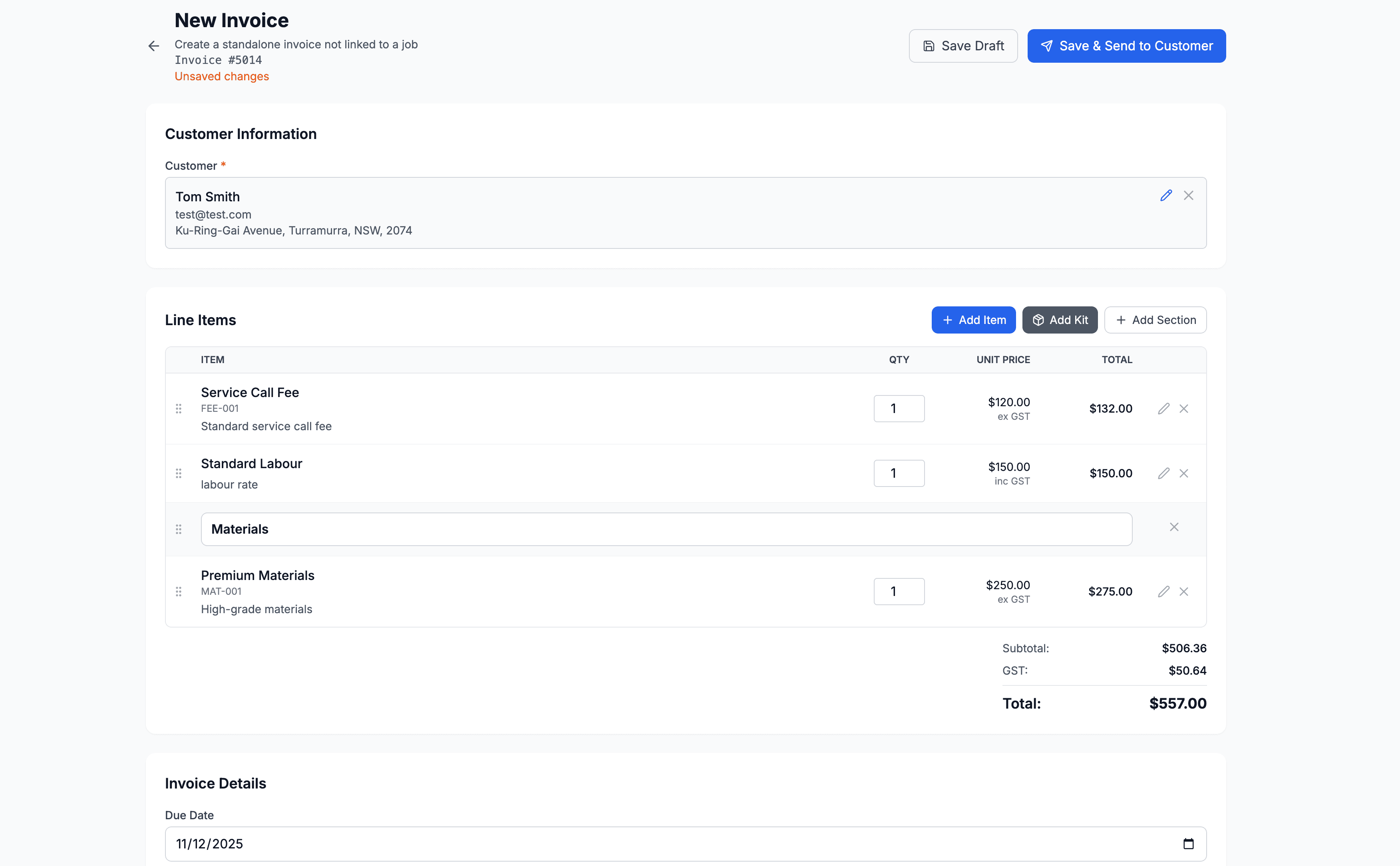 Portal invoice editor with line items and payment section