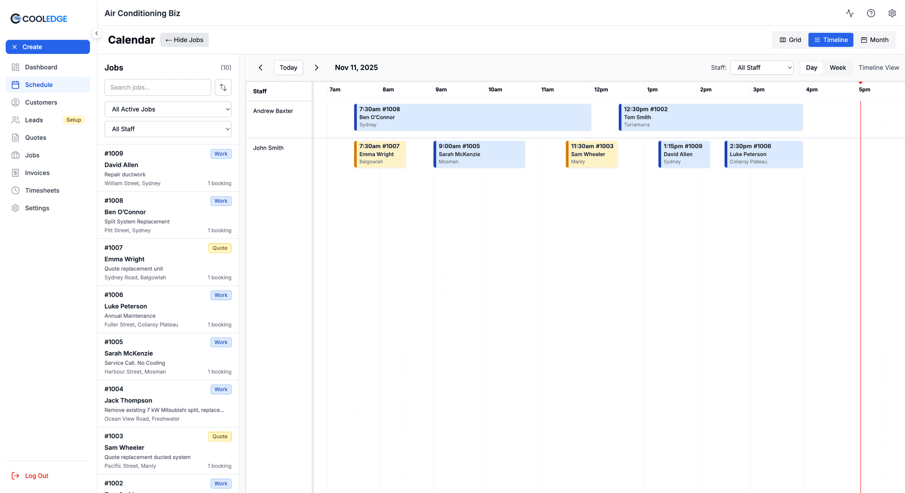 Portal calendar with drag-and-drop booking interface showing staff timelines