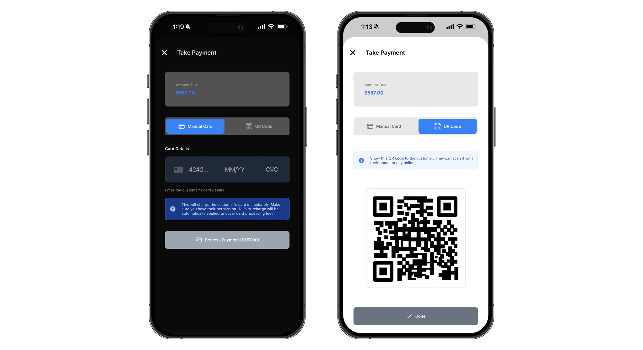 Mobile app invoice screen with pay button and payment confirmation