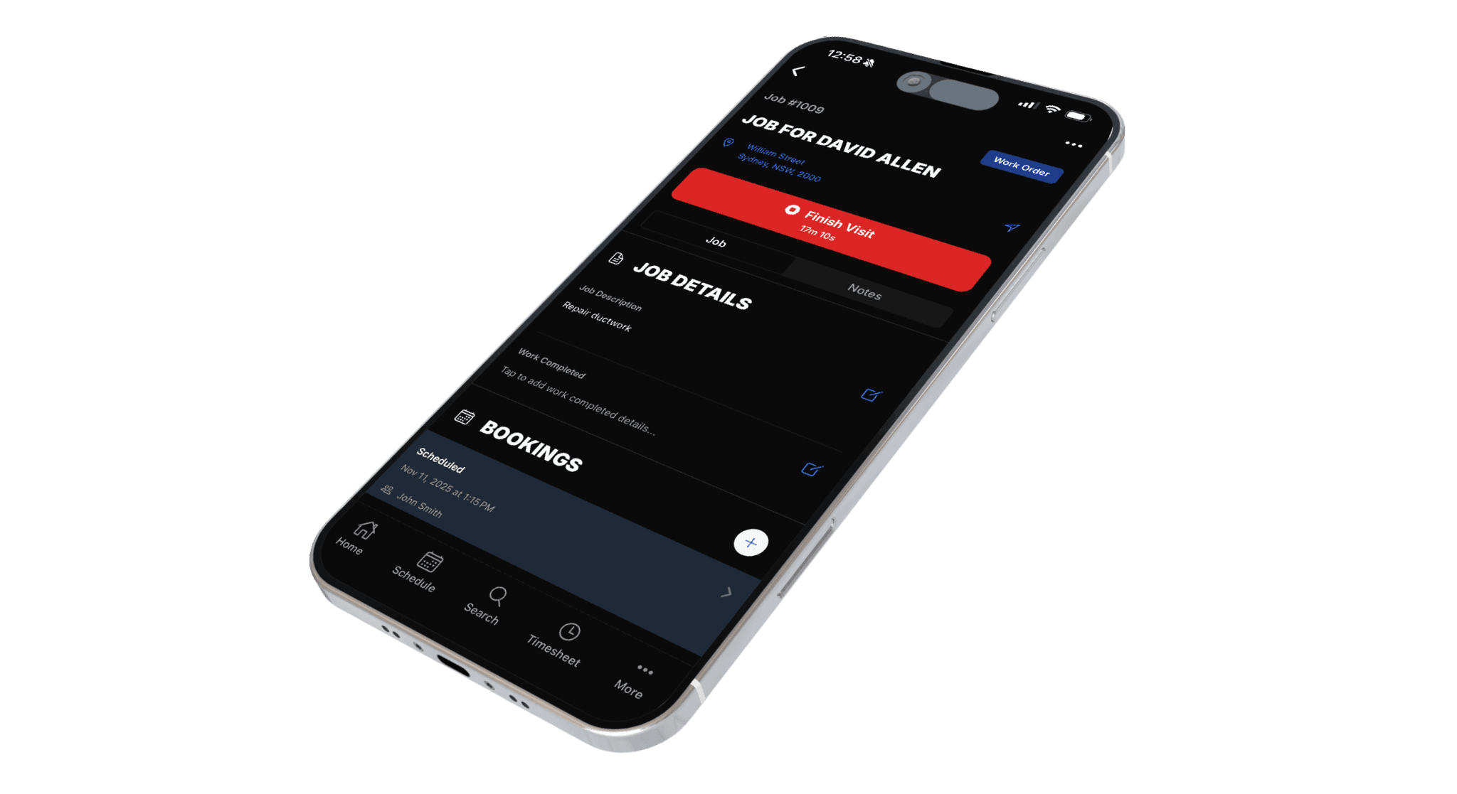 Mobile app with start timer button on job detail screen