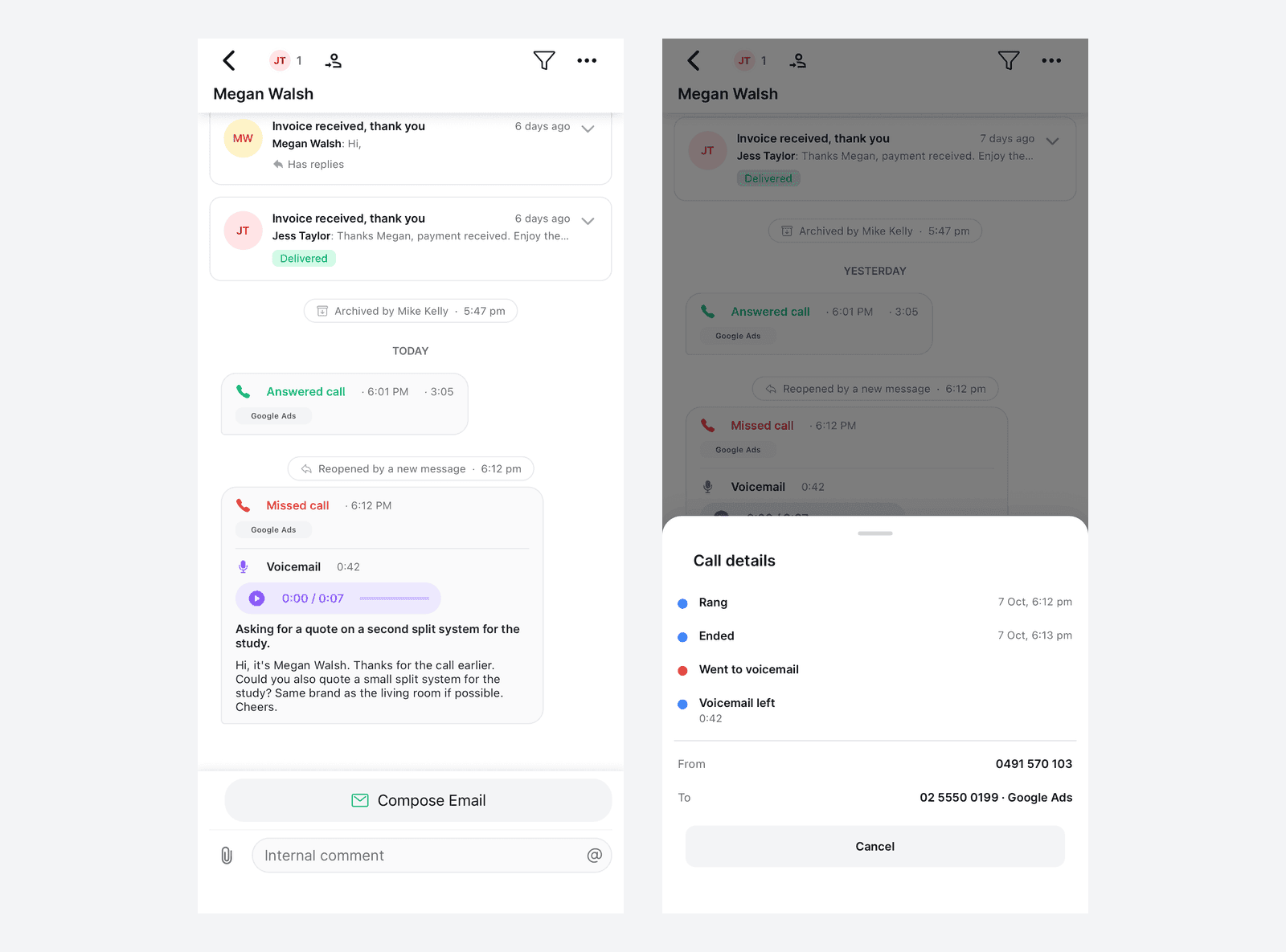 The same thread in the mobile app with an Answered call card and a Missed call card holding its voicemail, beside the Call details sheet for the missed call listing when it rang and ended, Went to voicemail, the voicemail length, the caller's number and the number they called with its Google Ads label