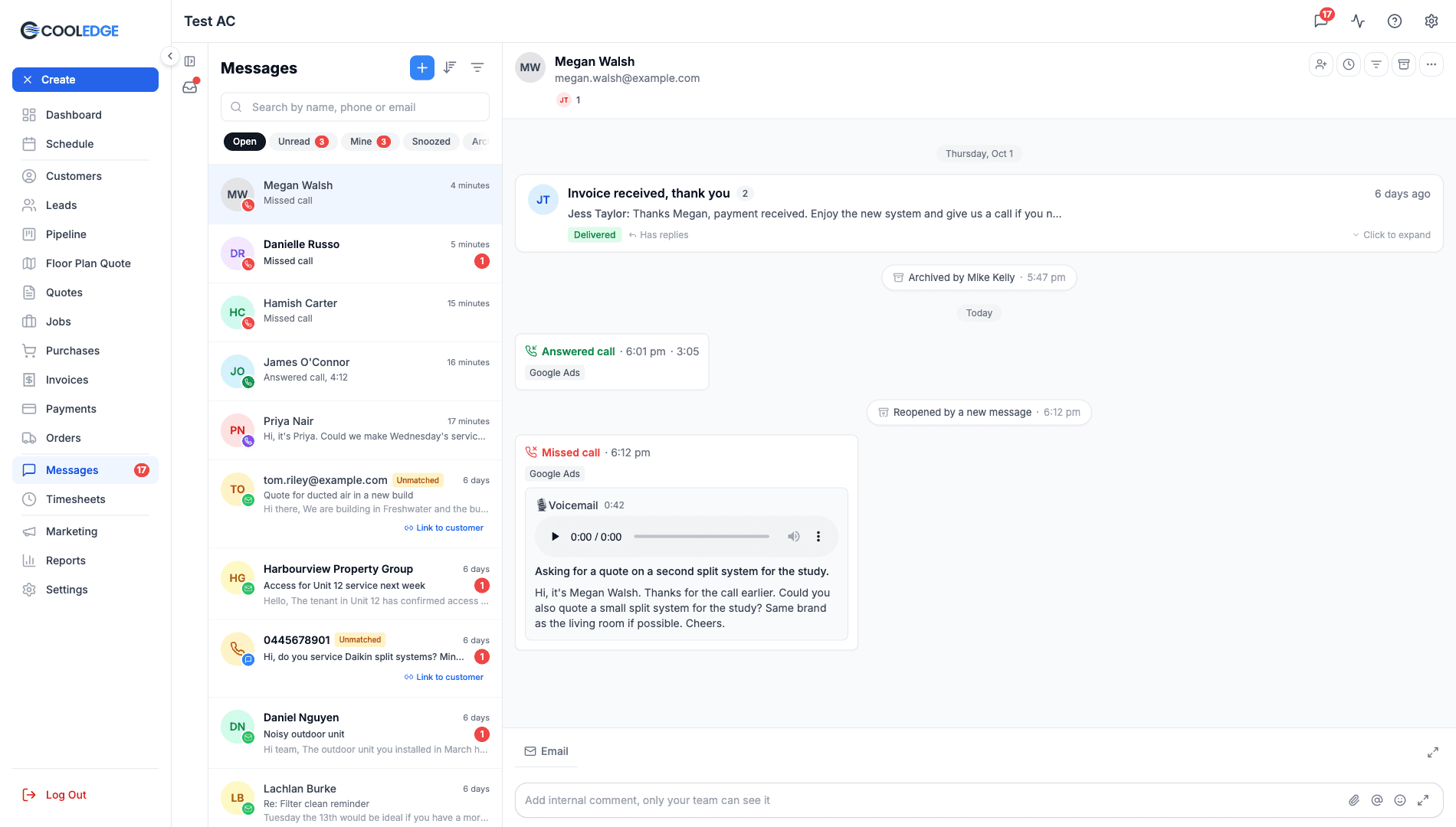 A customer's thread on the portal with an Answered call card showing its talk time and a Missed call card holding the voicemail player, its summary and the transcript, each card carrying a Google Ads label