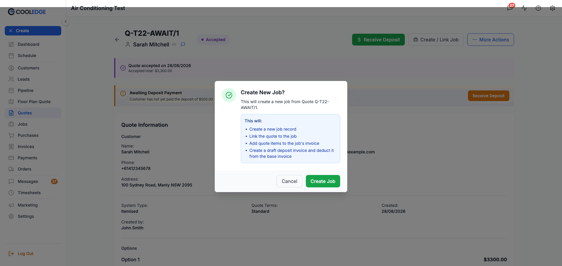 The Create New Job confirmation listing the draft deposit invoice it will create
