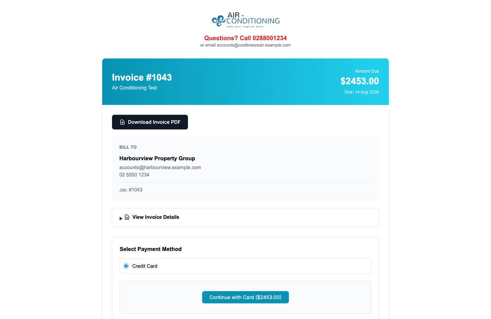 The customer payment page, showing the business logo and contact line, the invoice number and amount due, the bill-to panel and the payment method selection