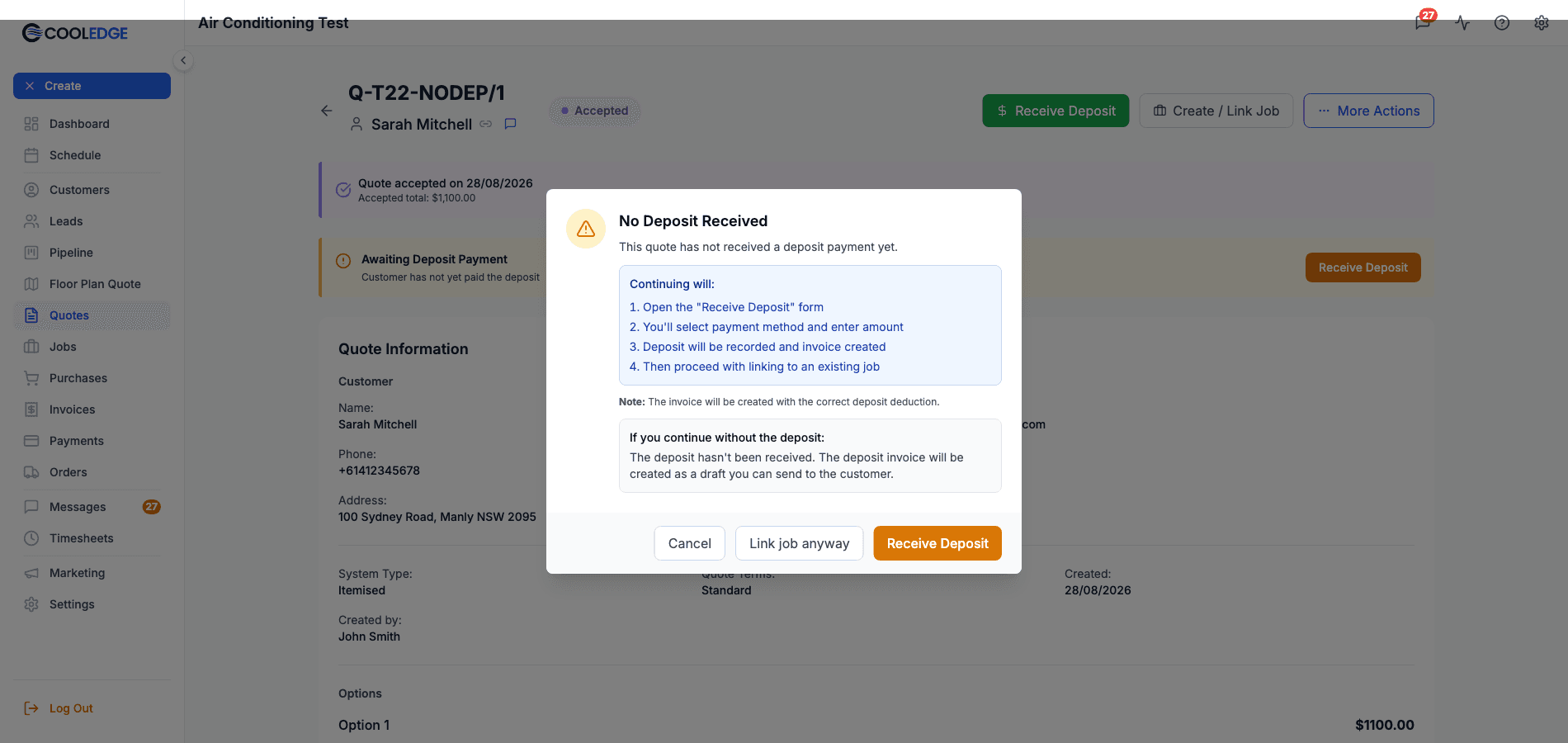 The No Deposit Received warning, with its option to go ahead without the deposit