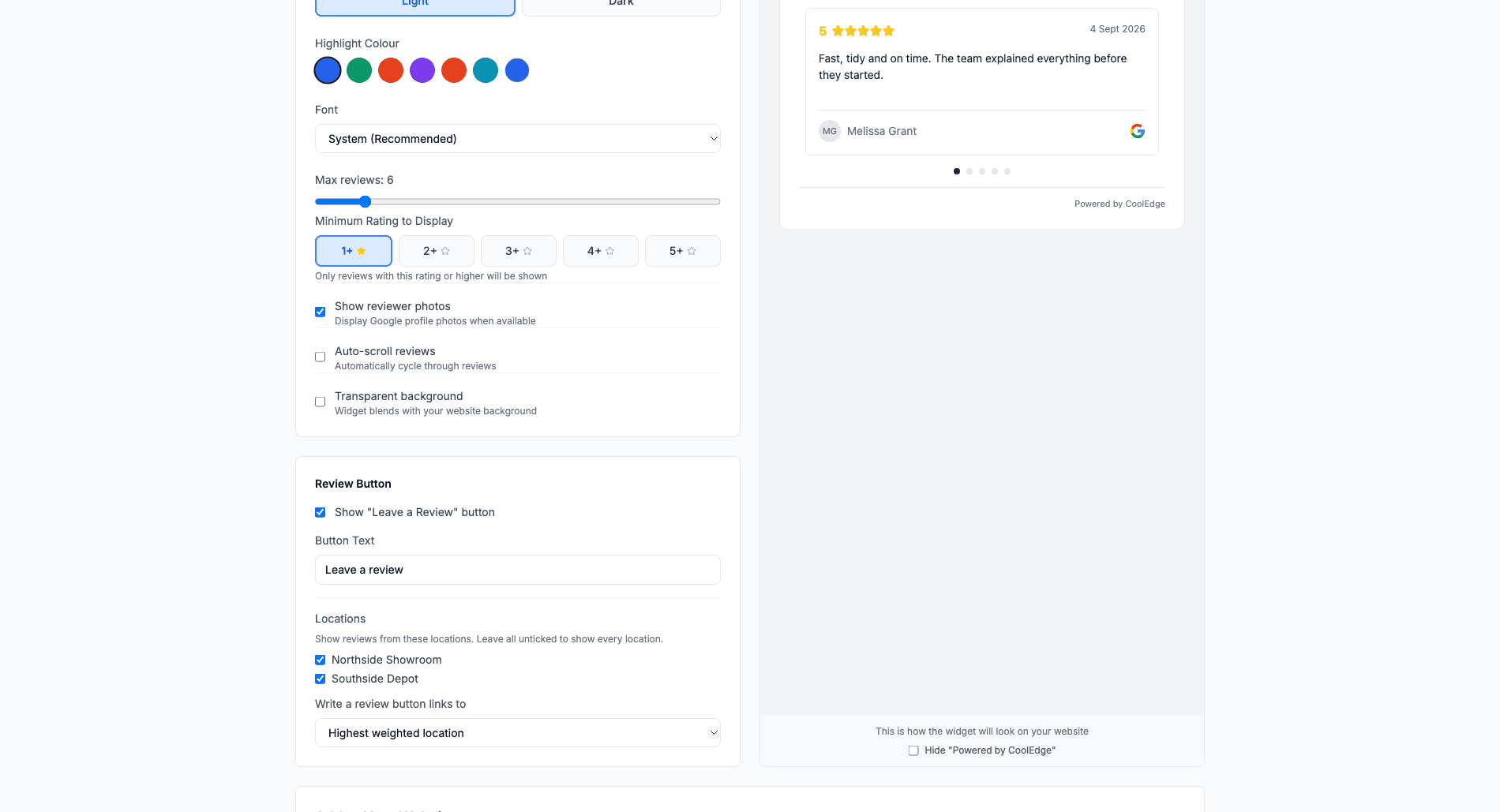Locations and review button target on the Embed tab