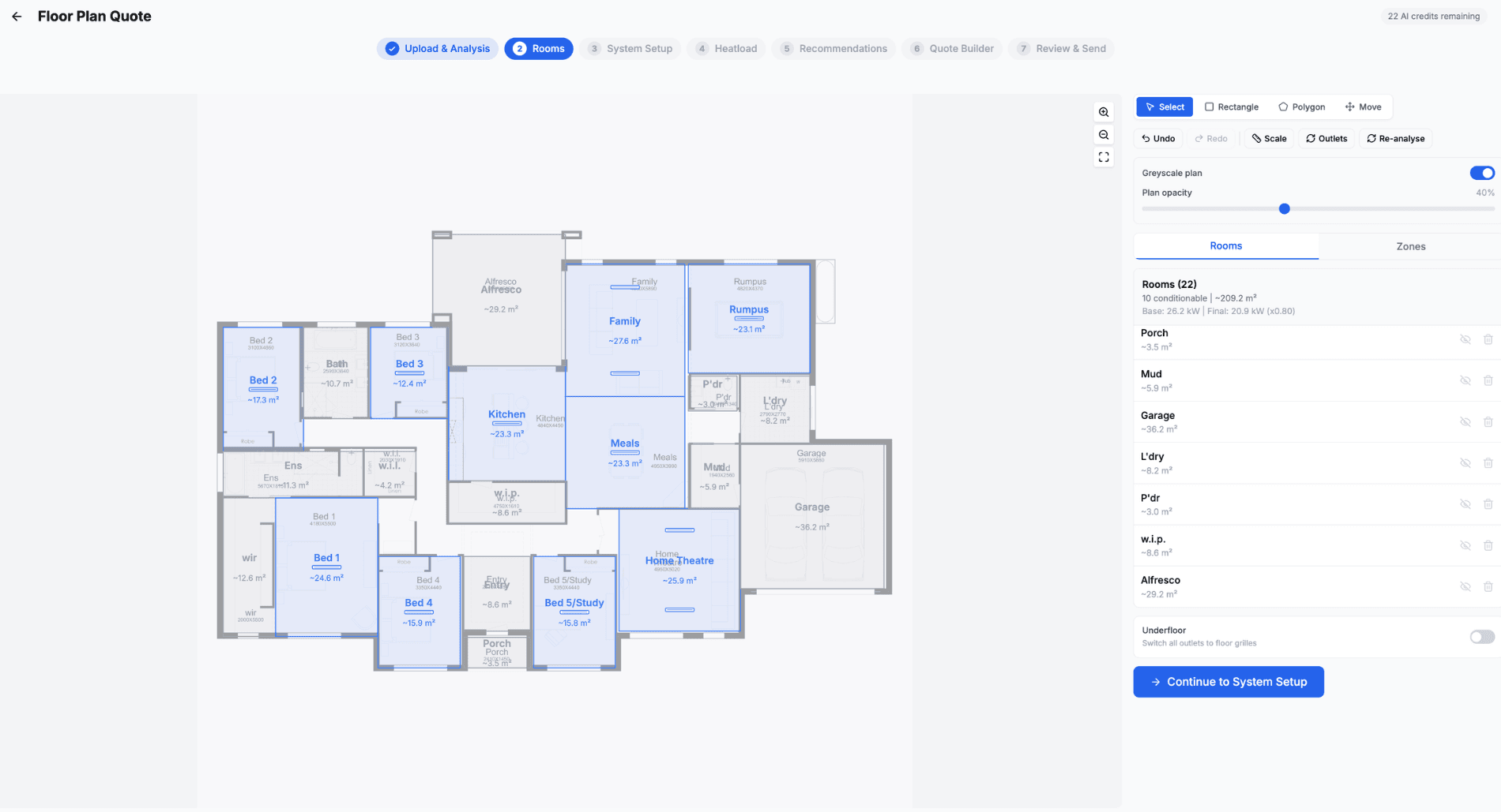 AI-detected room polygons on an uploaded floor plan