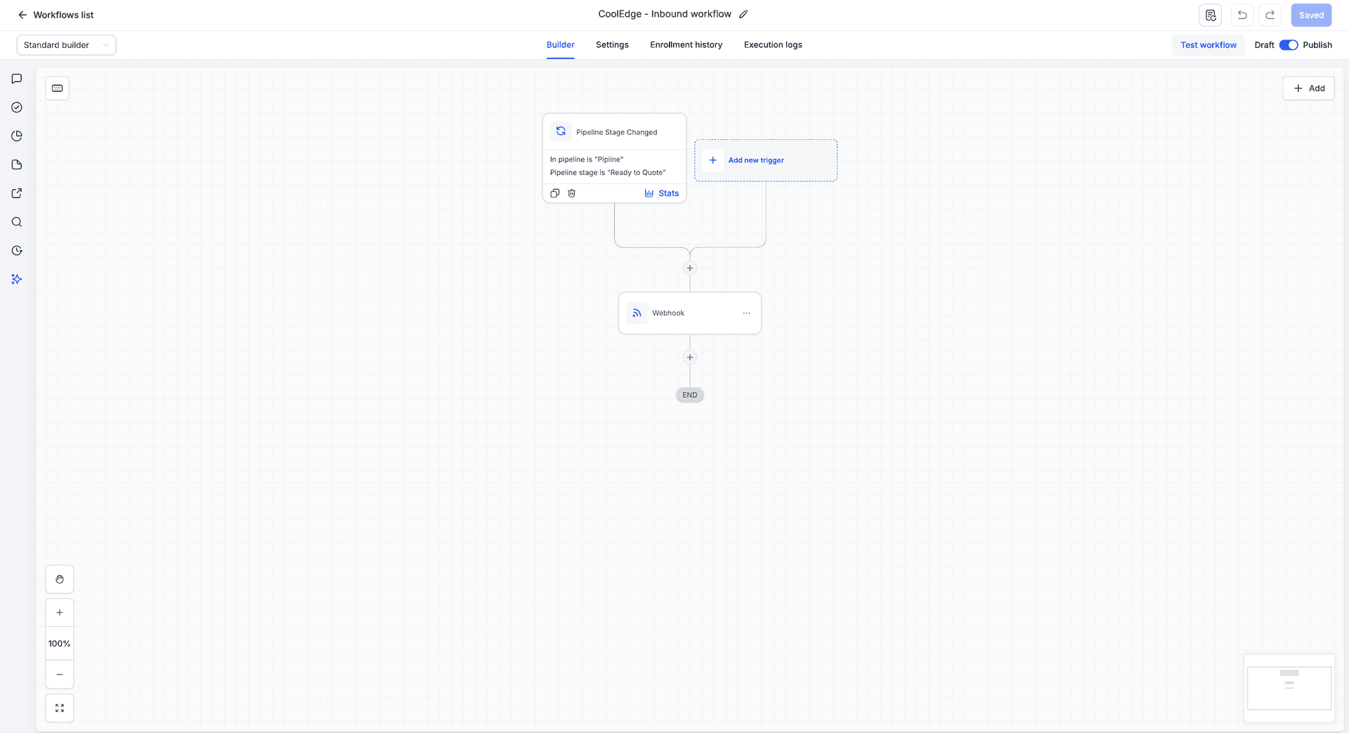 The inbound workflow in the GHL builder, with a Pipeline Stage Changed trigger feeding the Webhook action that calls Cooledge