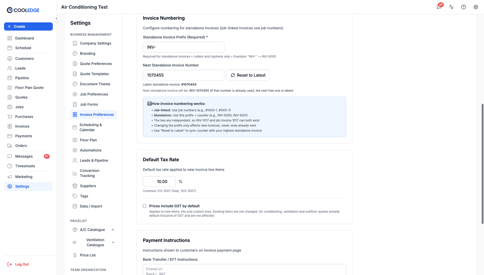The Invoice Numbering section of Invoice Preferences, showing the Standalone Invoice Prefix field, the Next Standalone Invoice Number field with the Reset to Latest button, and a note explaining how numbering works