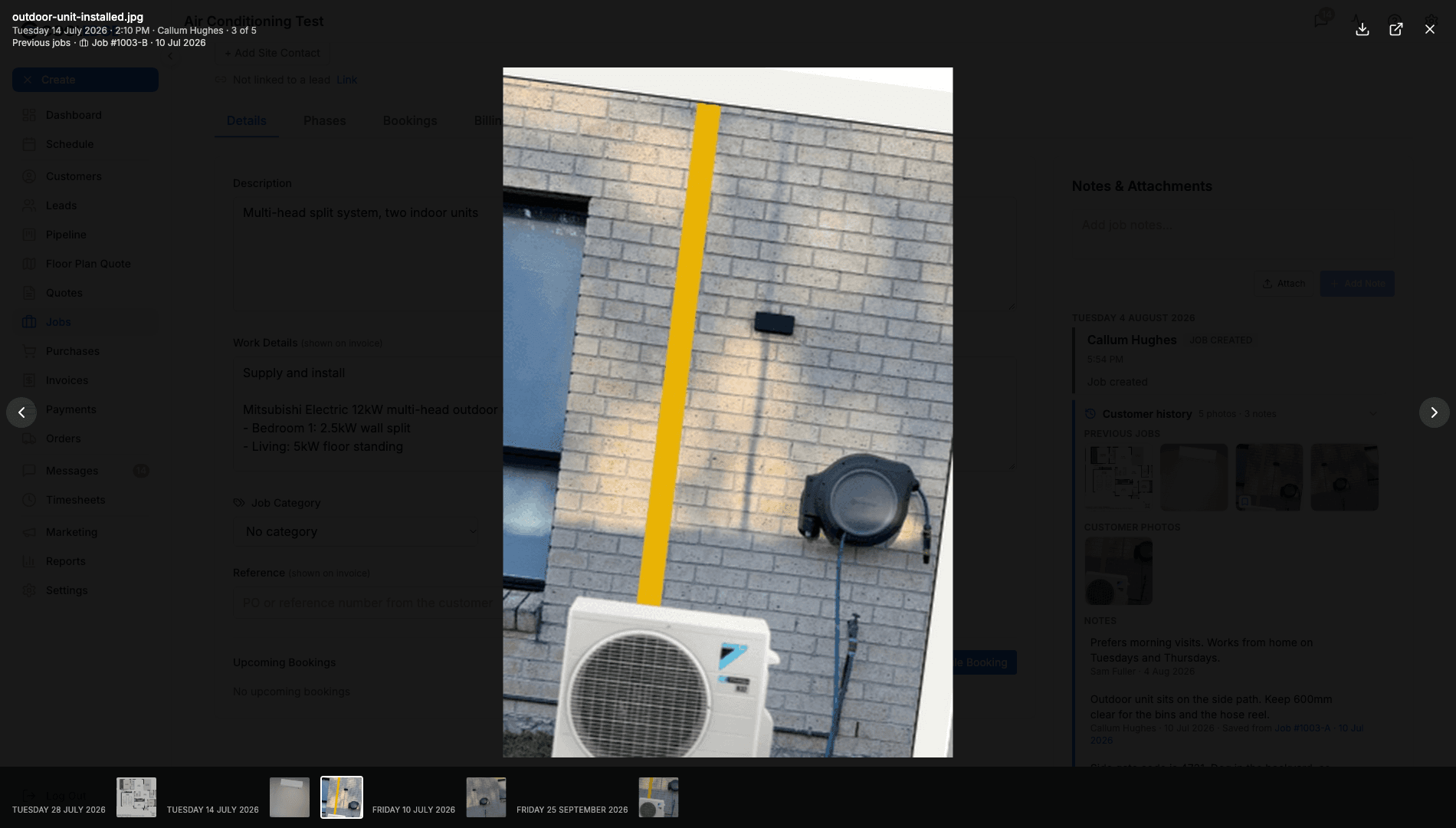 The lightbox open on an outdoor unit photo, with the header reading Previous jobs and Job #1003-B ยท 10 Jul 2026 under the filename, date and author