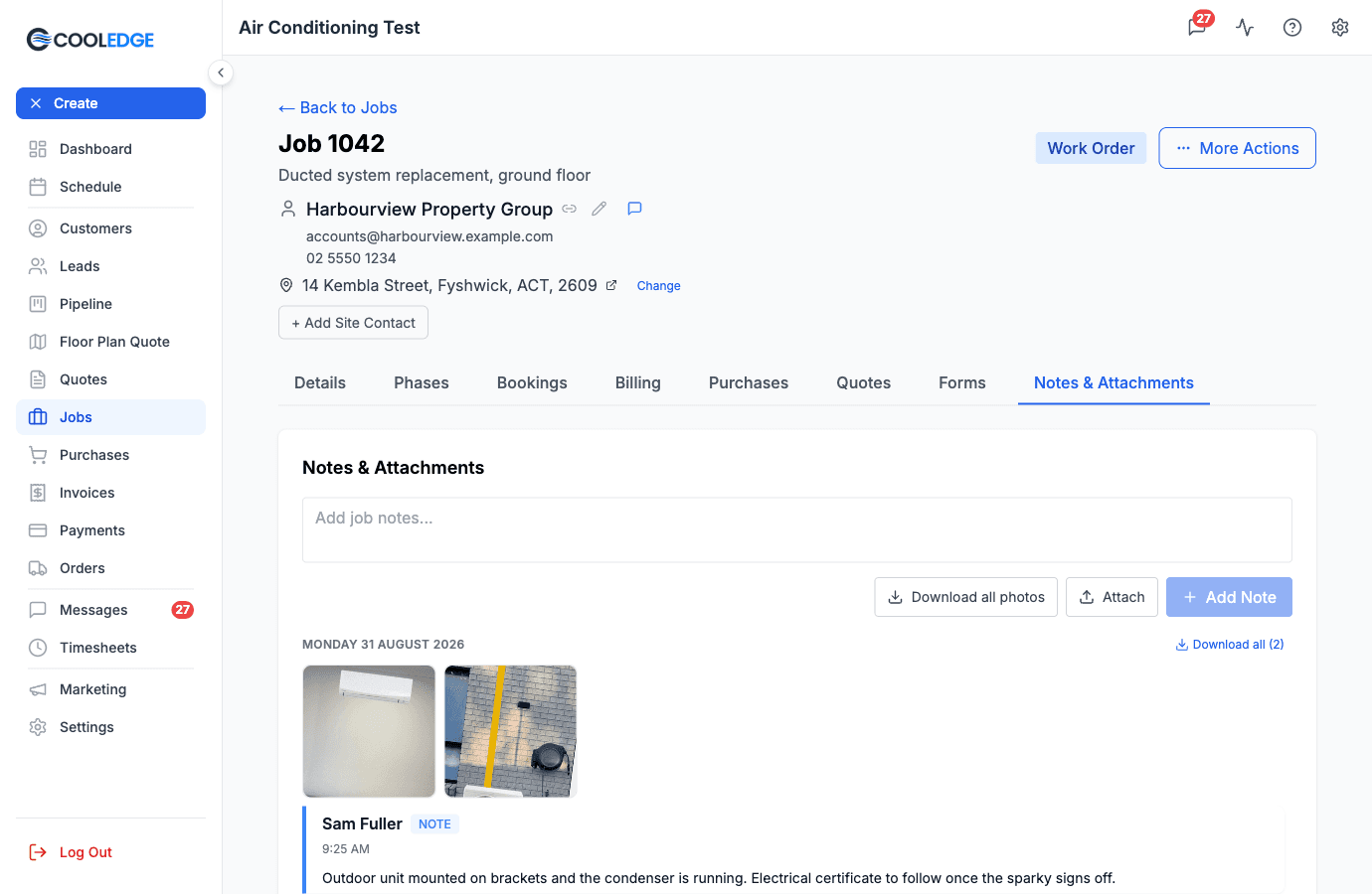 The same job in a narrower window, where Notes & Attachments has become the last tab