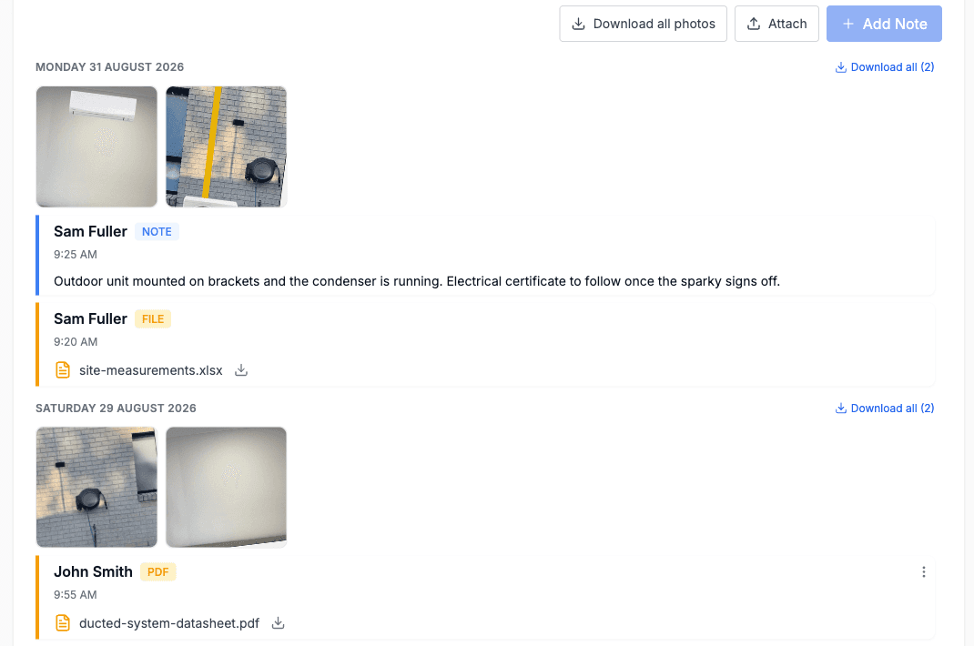The job feed on the portal, with two day headings, a grid of photo thumbnails under each, a Download all link on each day and NOTE, FILE and PDF rows below