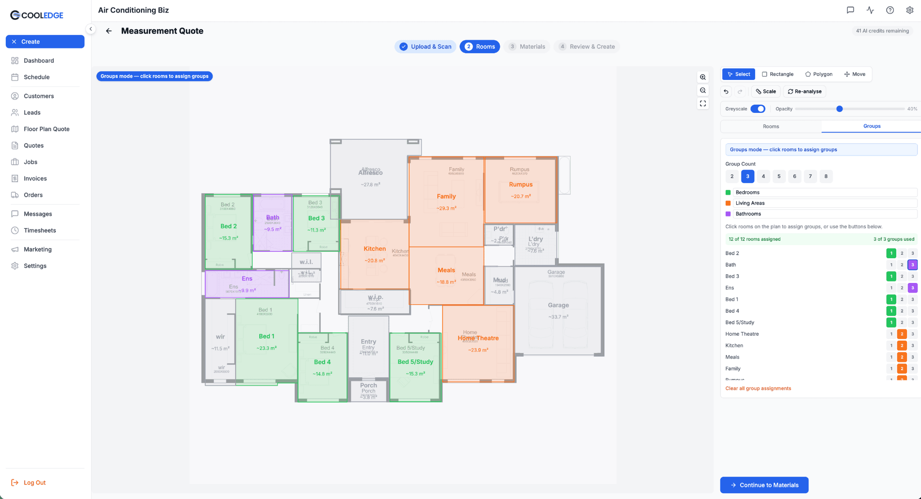 Detected rooms grouped by trade, colour-coded on the floor plan