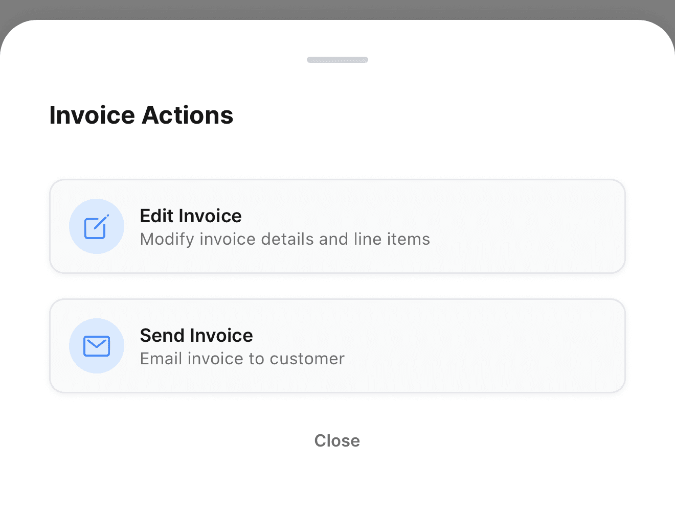 The Invoice Actions sheet on mobile, showing Edit Invoice and Send Invoice on a Draft invoice