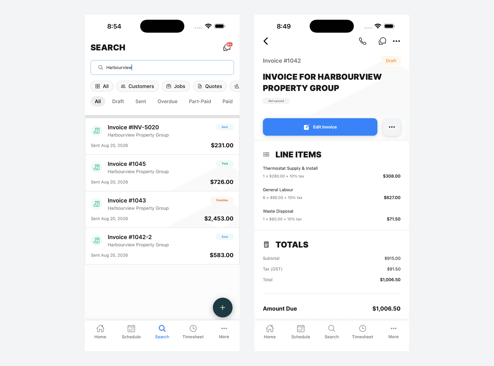 The mobile invoice list showing 1042-2, 1043, 1045 and INV-5020 with their status badges, beside invoice 1042 open on the phone
