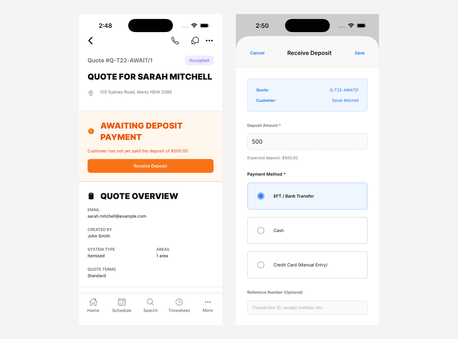 The mobile quote page awaiting-deposit panel beside the mobile Receive Deposit modal