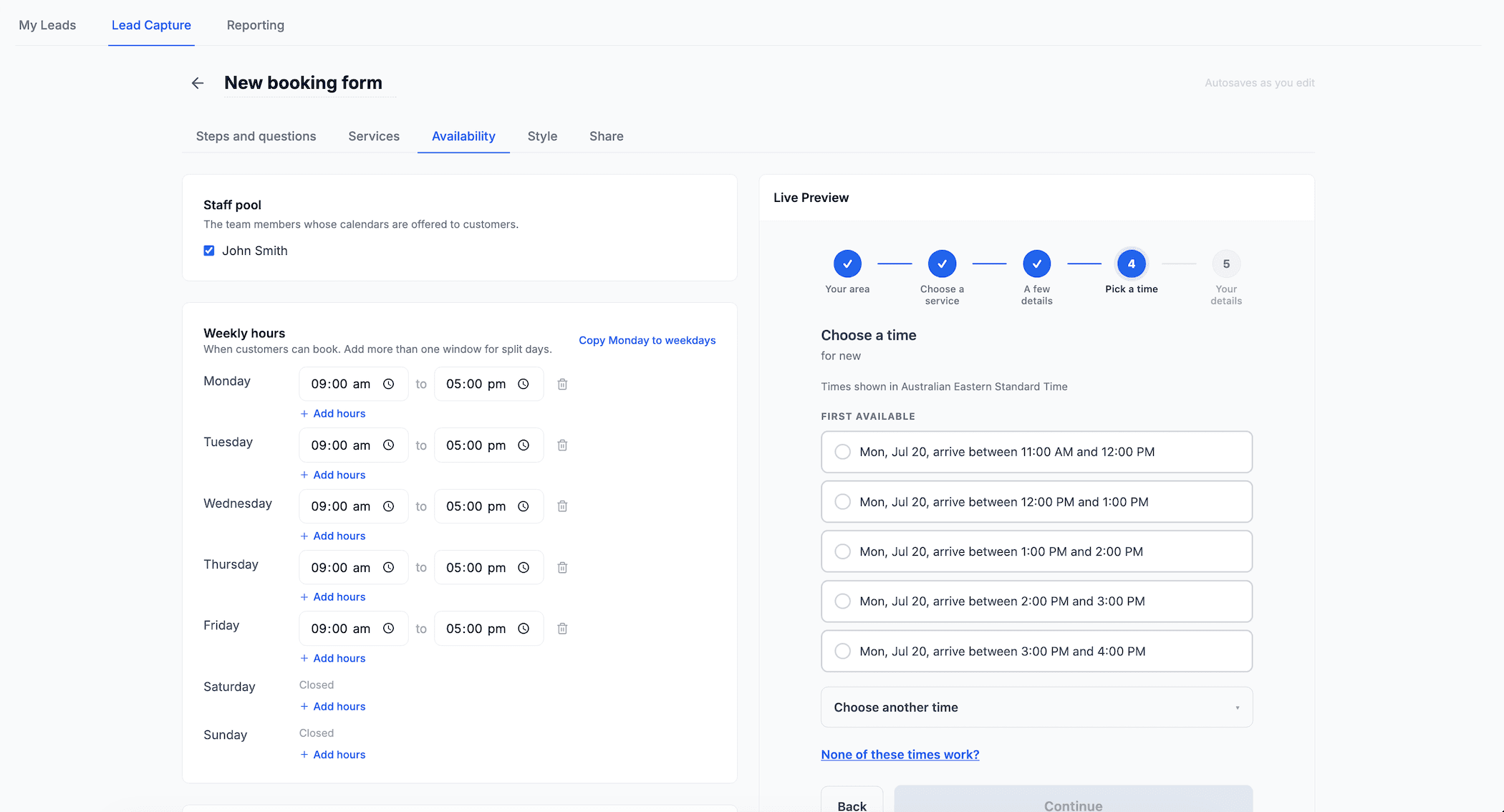 The Availability tab of the Cooledge booking form builder, with staff pool and weekly hours beside a live preview of the customer time picker