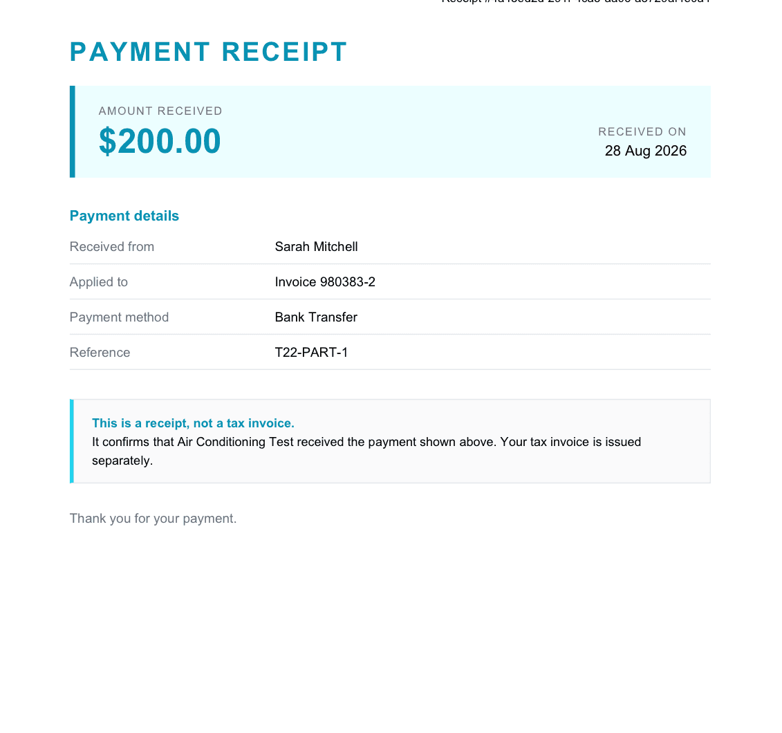 A generated payment receipt PDF showing the amount received, the payment details and the receipt notice