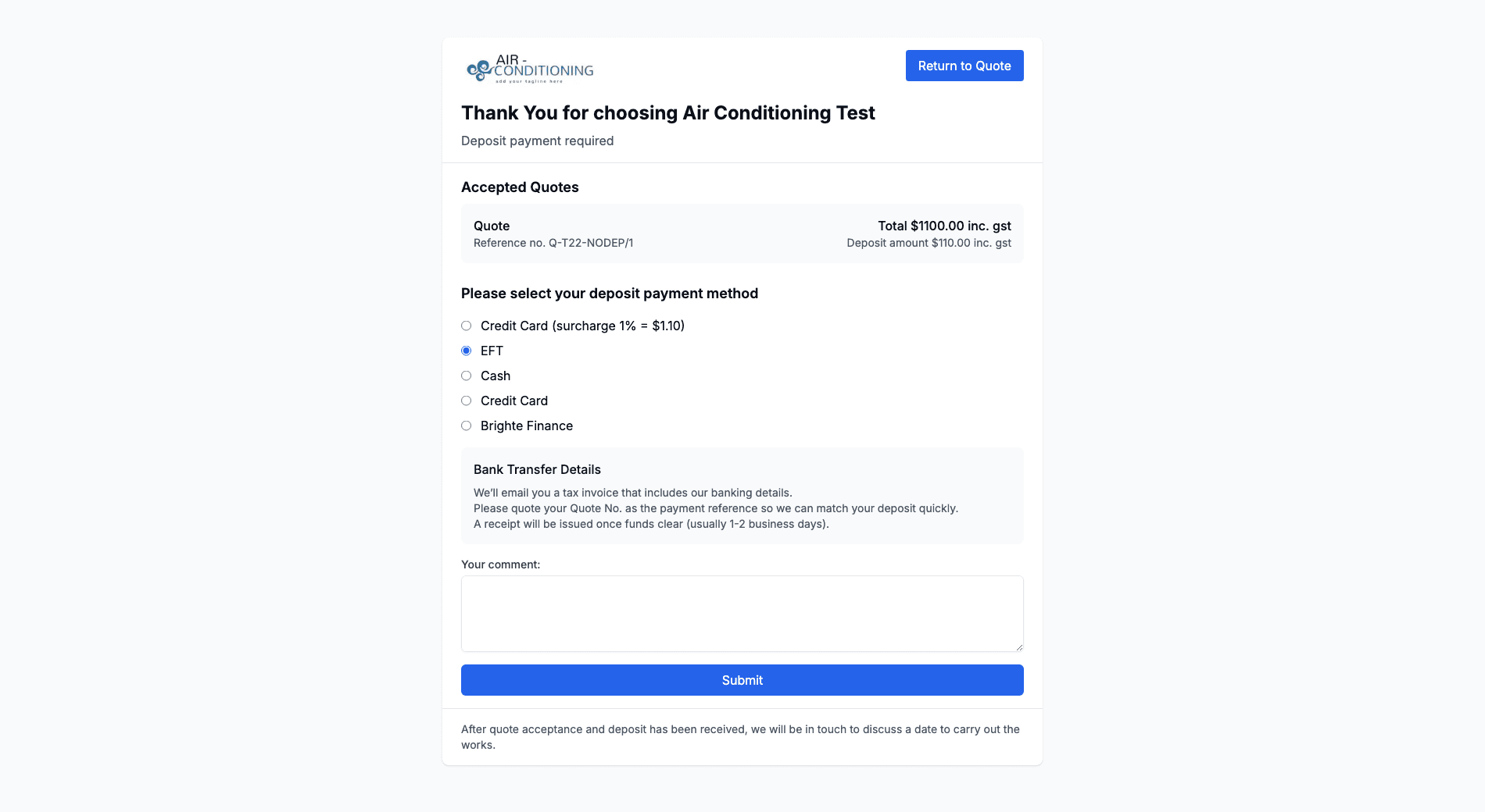 The public accept page with EFT selected, showing the deposit amount and the bank transfer instructions