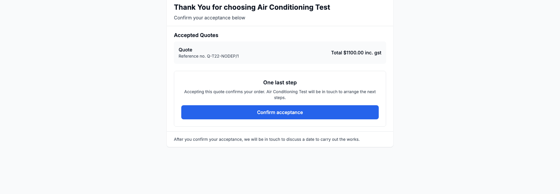 The public accept page for a quote with no deposit, showing the One last step panel and the Confirm acceptance button