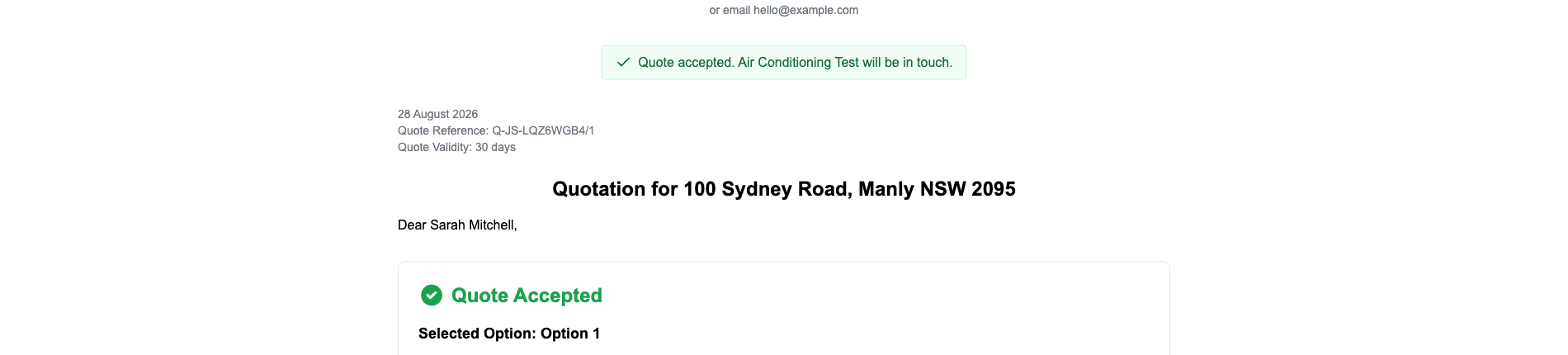 The public quote page after acceptance, with the green Quote accepted banner