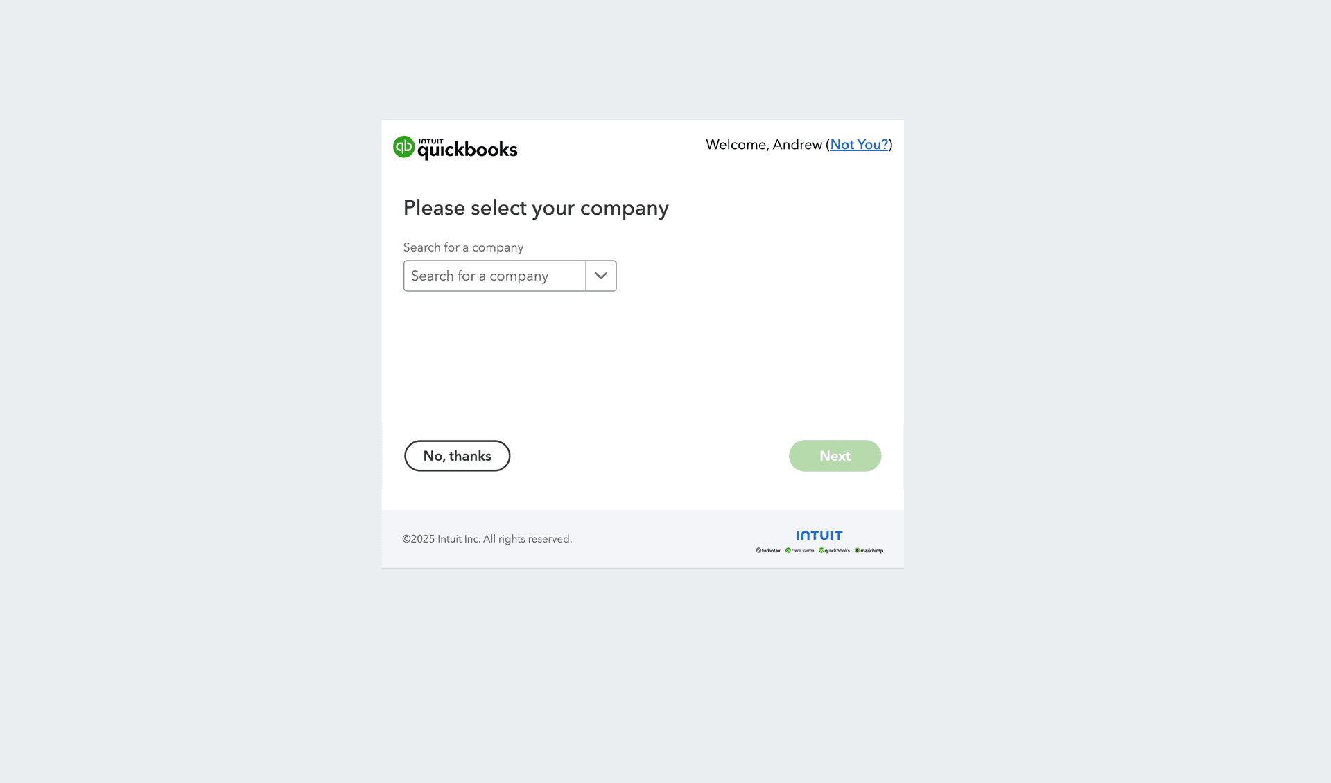 The Intuit sign-in screen prompting you to select your QuickBooks company before connecting