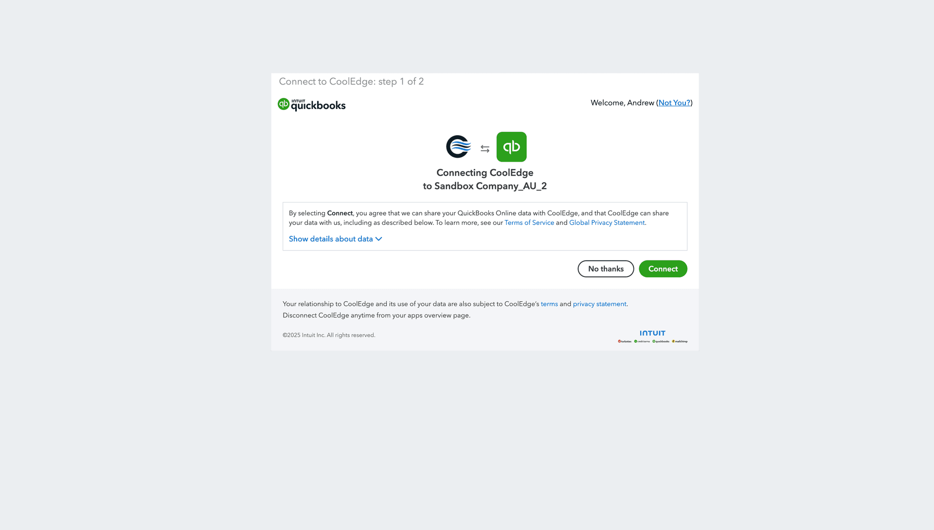 The Intuit consent screen connecting Cooledge to your QuickBooks company, with the Connect button