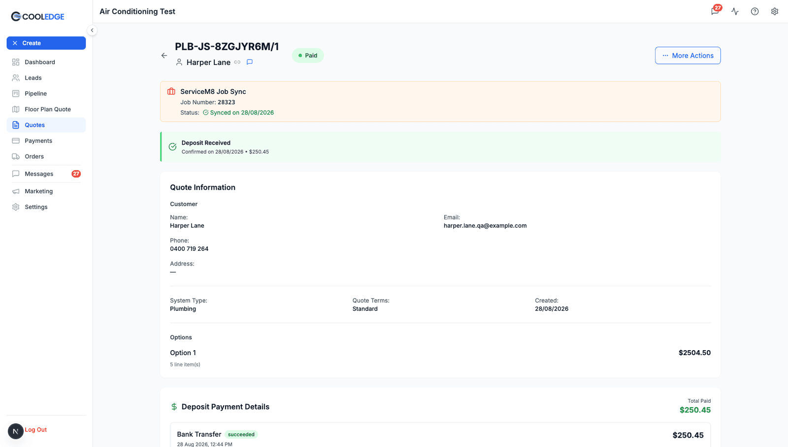 Quote marked paid in Cooledge with the payment synced to ServiceM8