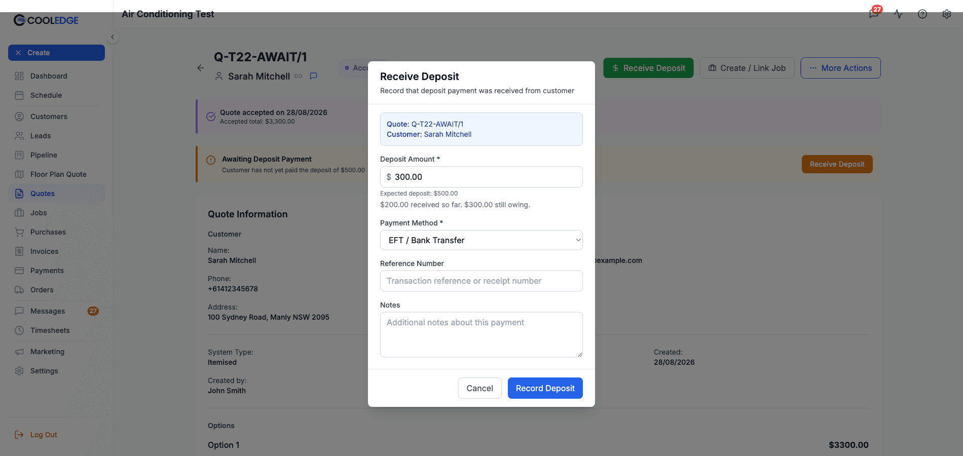 The Receive Deposit modal showing the expected deposit, the amount received so far and the amount still owing