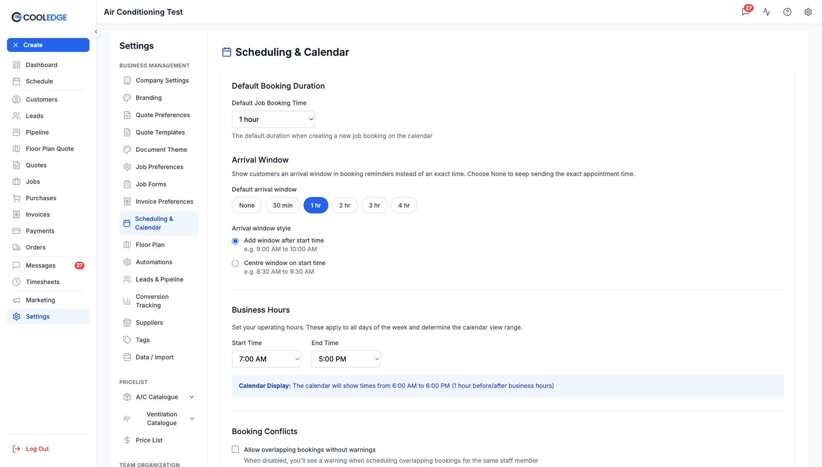 The Scheduling and Calendar settings page, showing Default Booking Duration, Arrival Window, Business Hours and the Booking Conflicts tick box