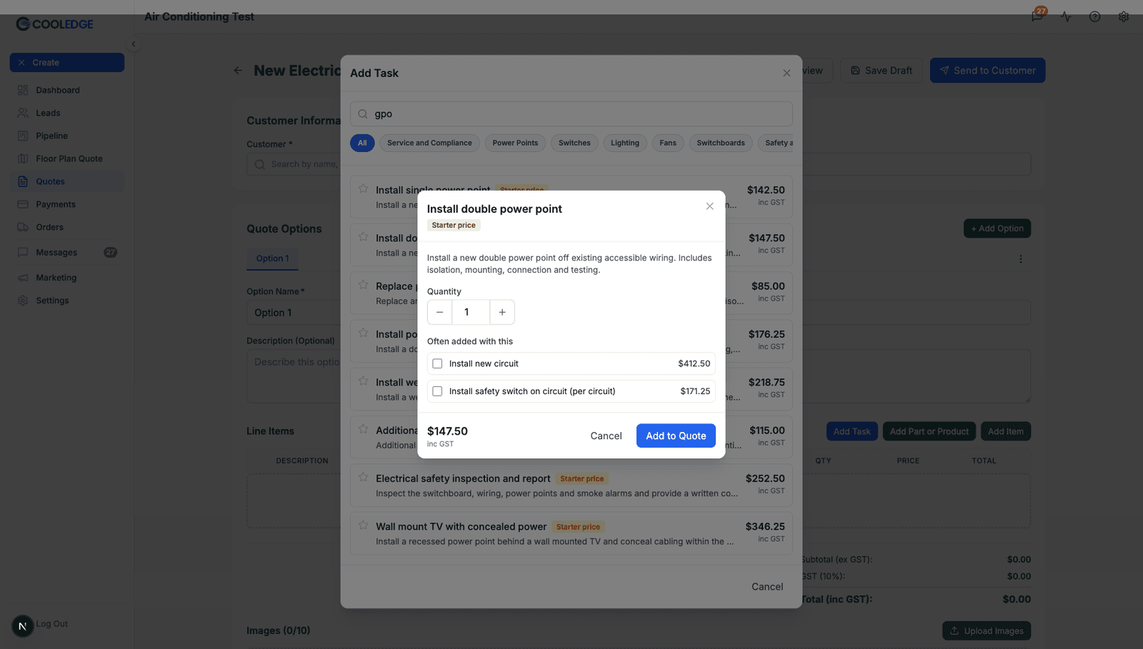 Electrical task detail sheet with quantity controls and suggested add-ons