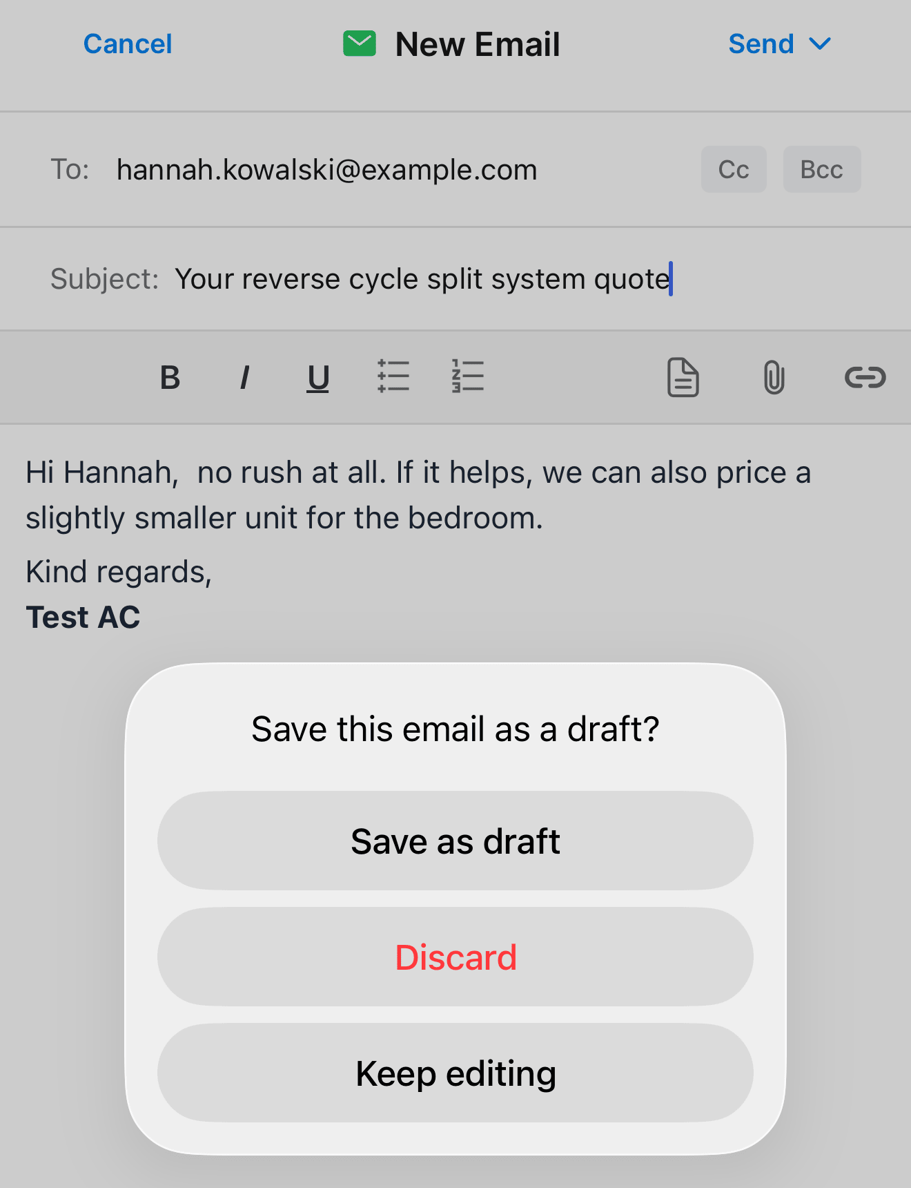 The New Email screen in the mobile app after tapping Cancel, asking Save this email as a draft? with Save as draft, Discard and Keep editing