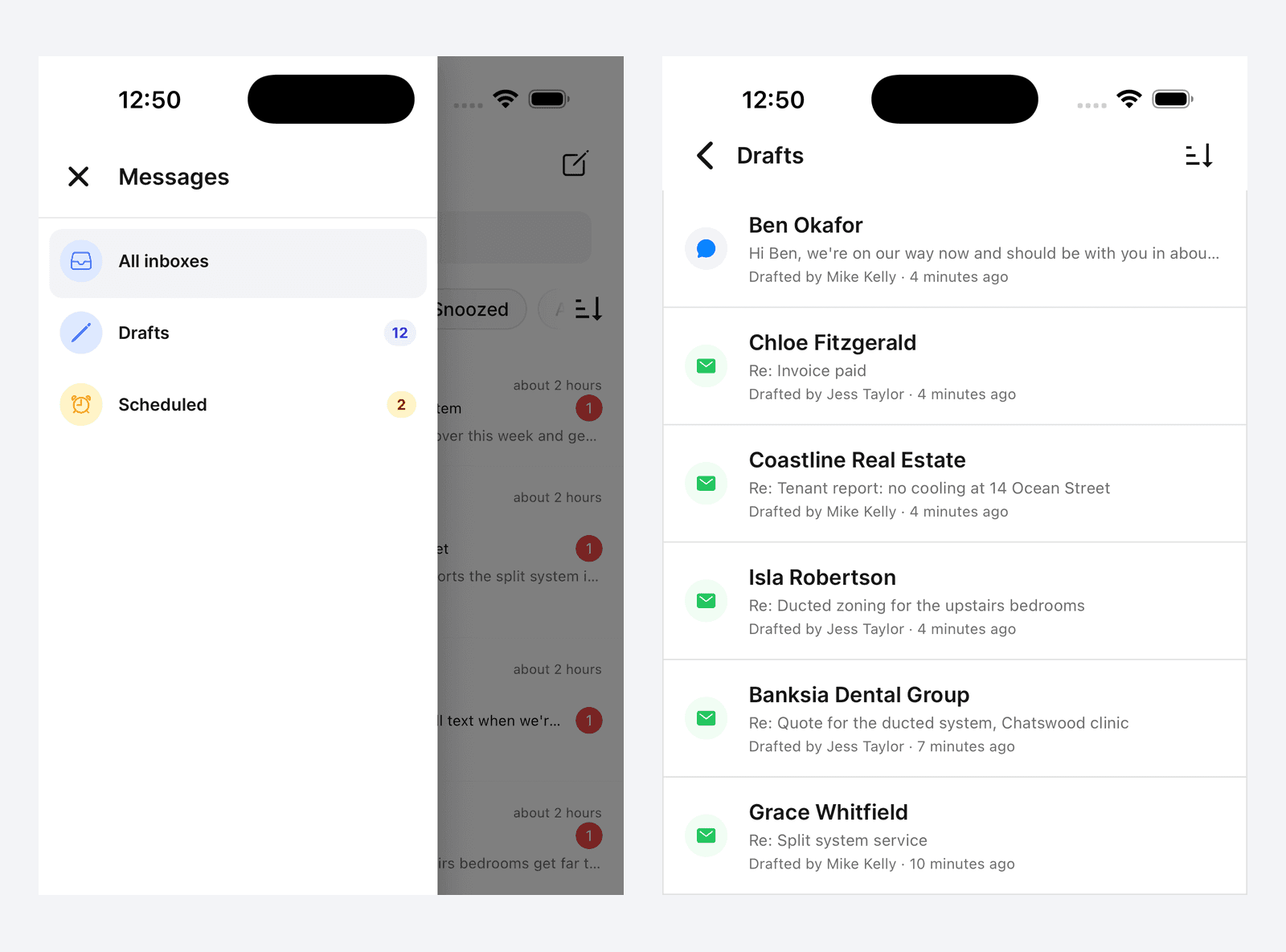 The mobile app's Messages drawer with All inboxes, then Drafts and Scheduled with their counts, beside the Drafts page listing each draft with its customer, first line and Drafted by line