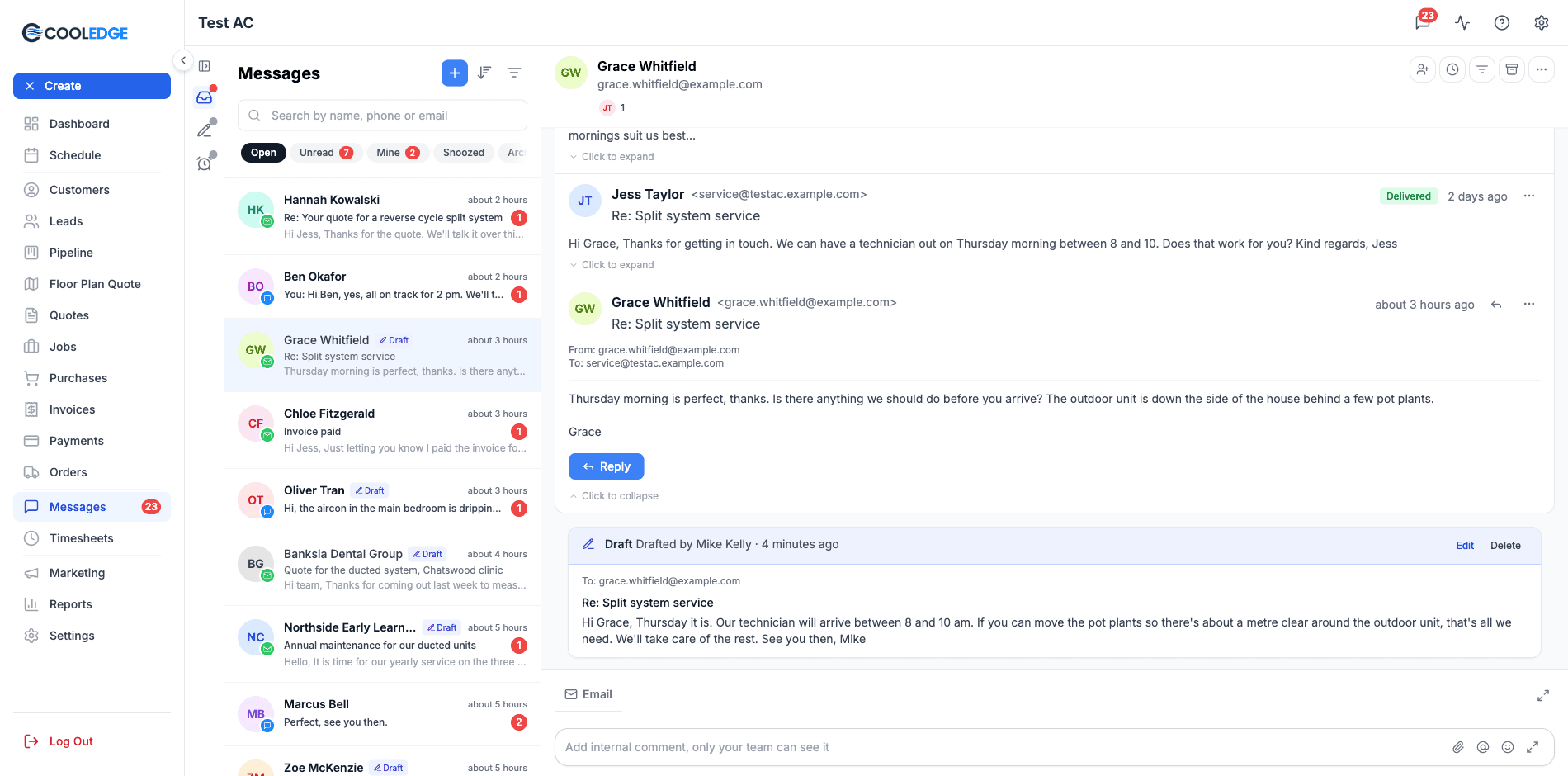 A Draft card at the end of an email thread on the portal, reading Drafted by Mike Kelly · 4 minutes ago with the Edit and Delete buttons, the recipient, the subject and the start of the reply. Conversations with a draft waiting carry a Draft label in the list