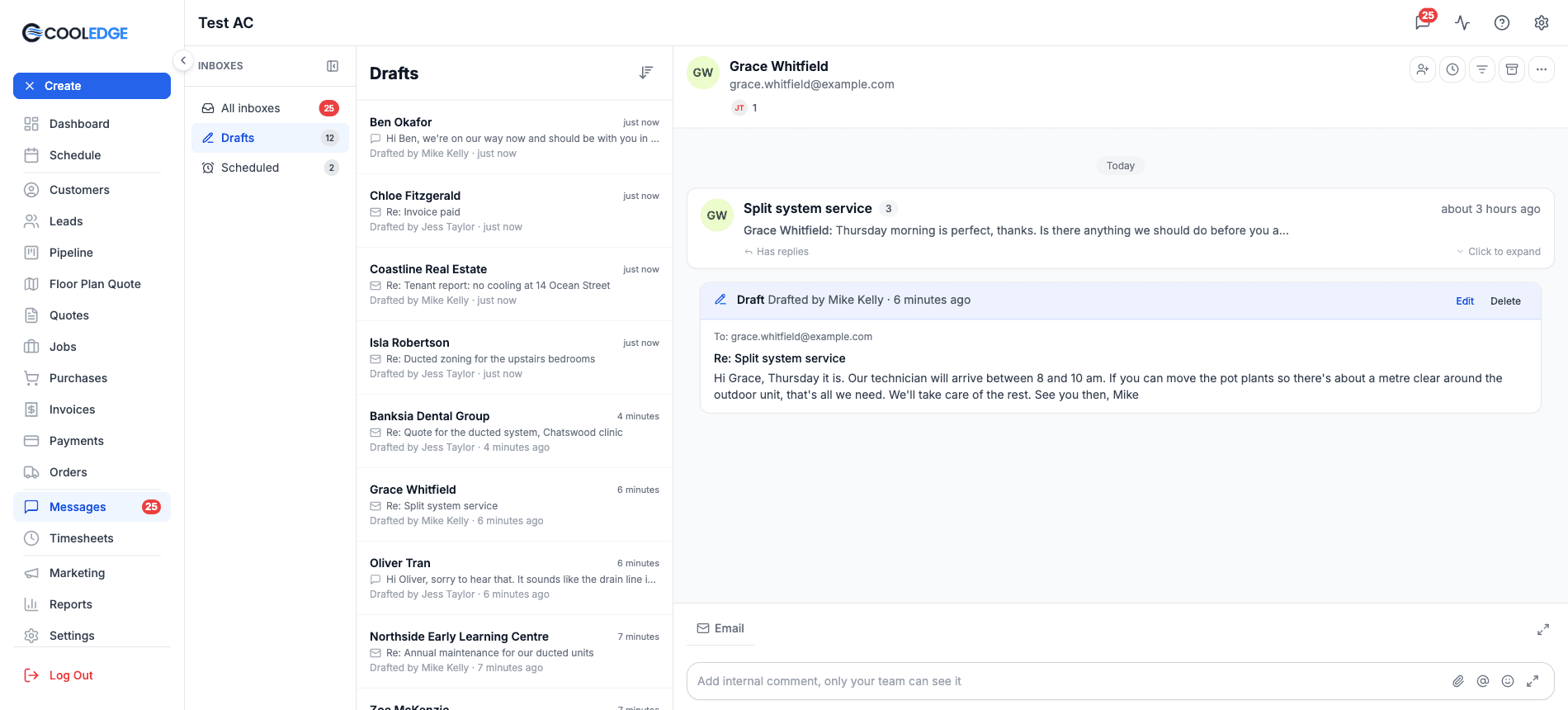 The portal with the rail open, showing All inboxes, Drafts with a count of 12 and Scheduled with a count of 2. The Drafts list shows each draft's customer, first line and Drafted by line. The open conversation shows its Draft card