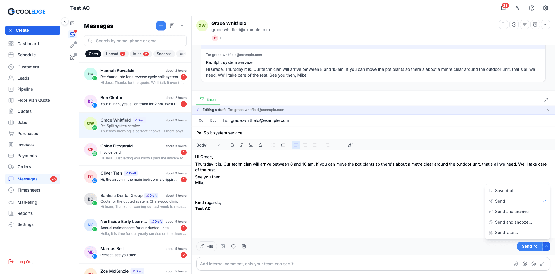 A draft open in the portal composer under the Editing a draft strip, with the menu on the send button showing Save draft, Send, Send and archive, Send and snooze… and Send later…